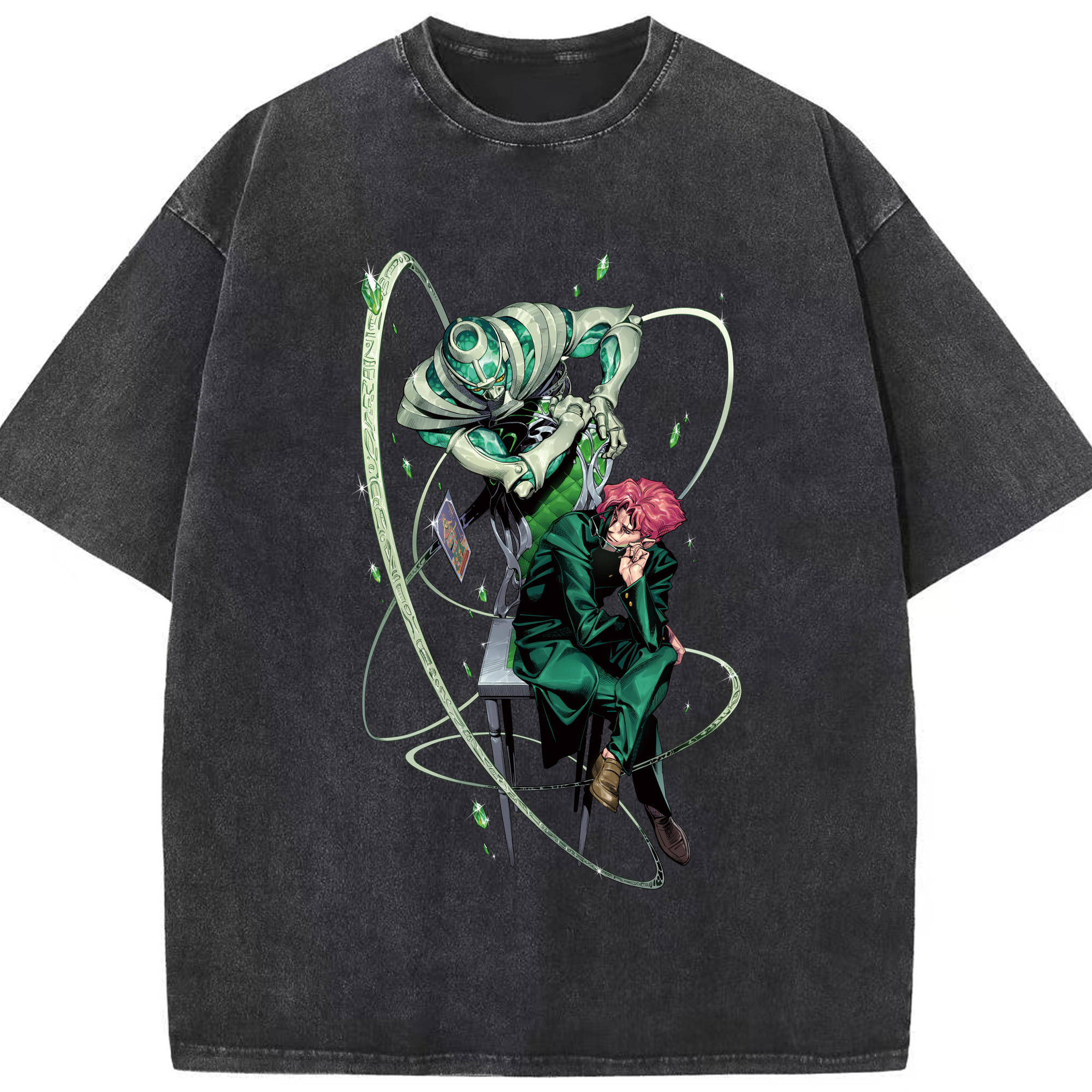 （画像用） ジョジョの奇妙な冒険 花京院 典明（かきょういん のりあき） JoJo's Bizarre Adventure Kakyoin Noriaki 綿100% ヴィンテージ風 半袖Tシャツ（フロントプリント）