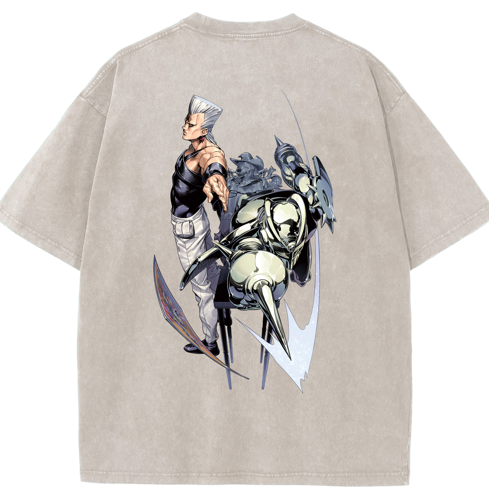 （画像用） ジョジョの奇妙な冒険 ジャン＝ピエール?ポルナレフ JoJo's Bizarre Adventure Jan Pierre Polnareff 綿100% ヴィンテージ風 半袖Tシャツ（背面プリント）