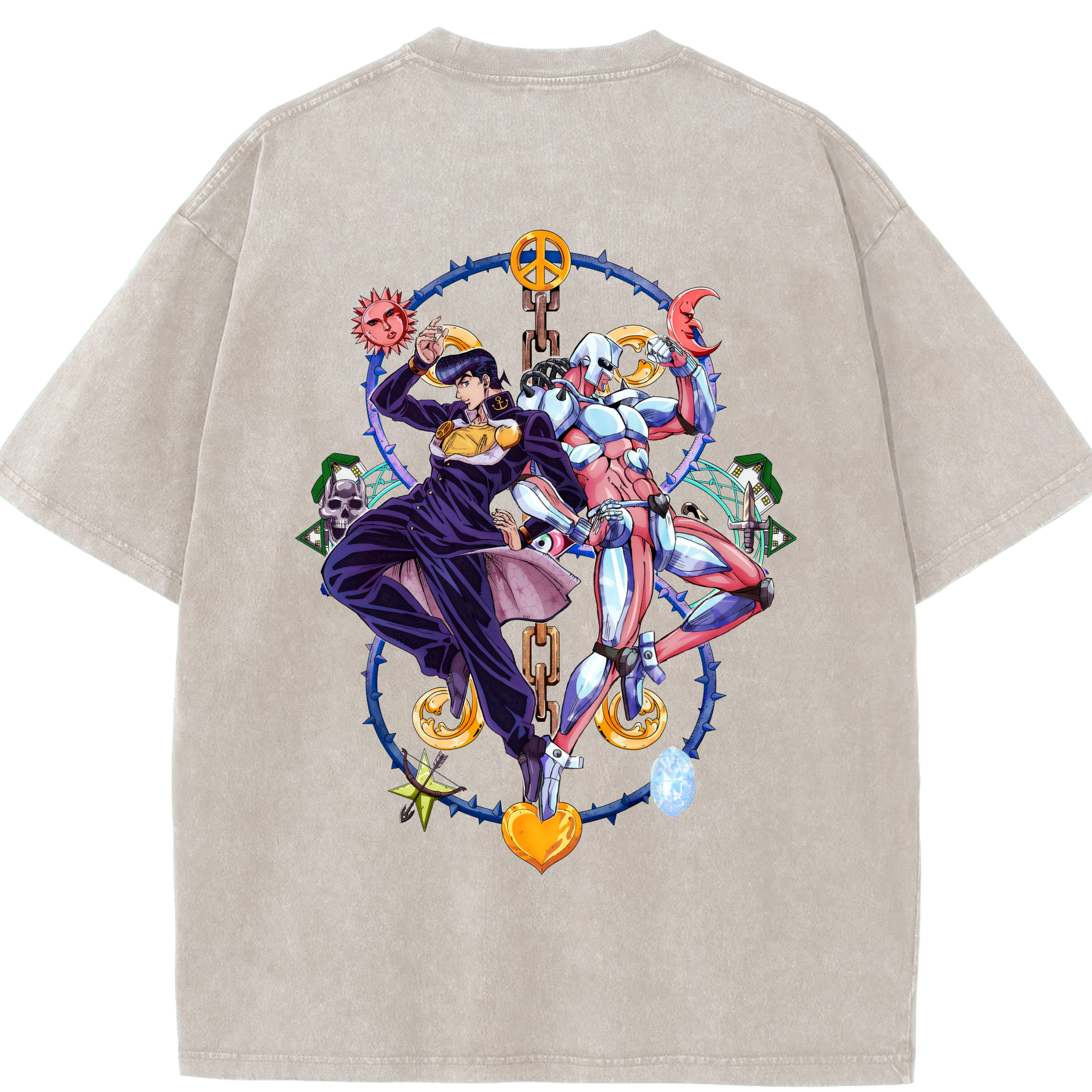 （画像用） ジョジョの奇妙な冒険 ひがしかた じょうすけ JoJo's Bizarre Adventure Higashikata Josuke 綿100% ヴィンテージ風 半袖Tシャツ（背面プリント）