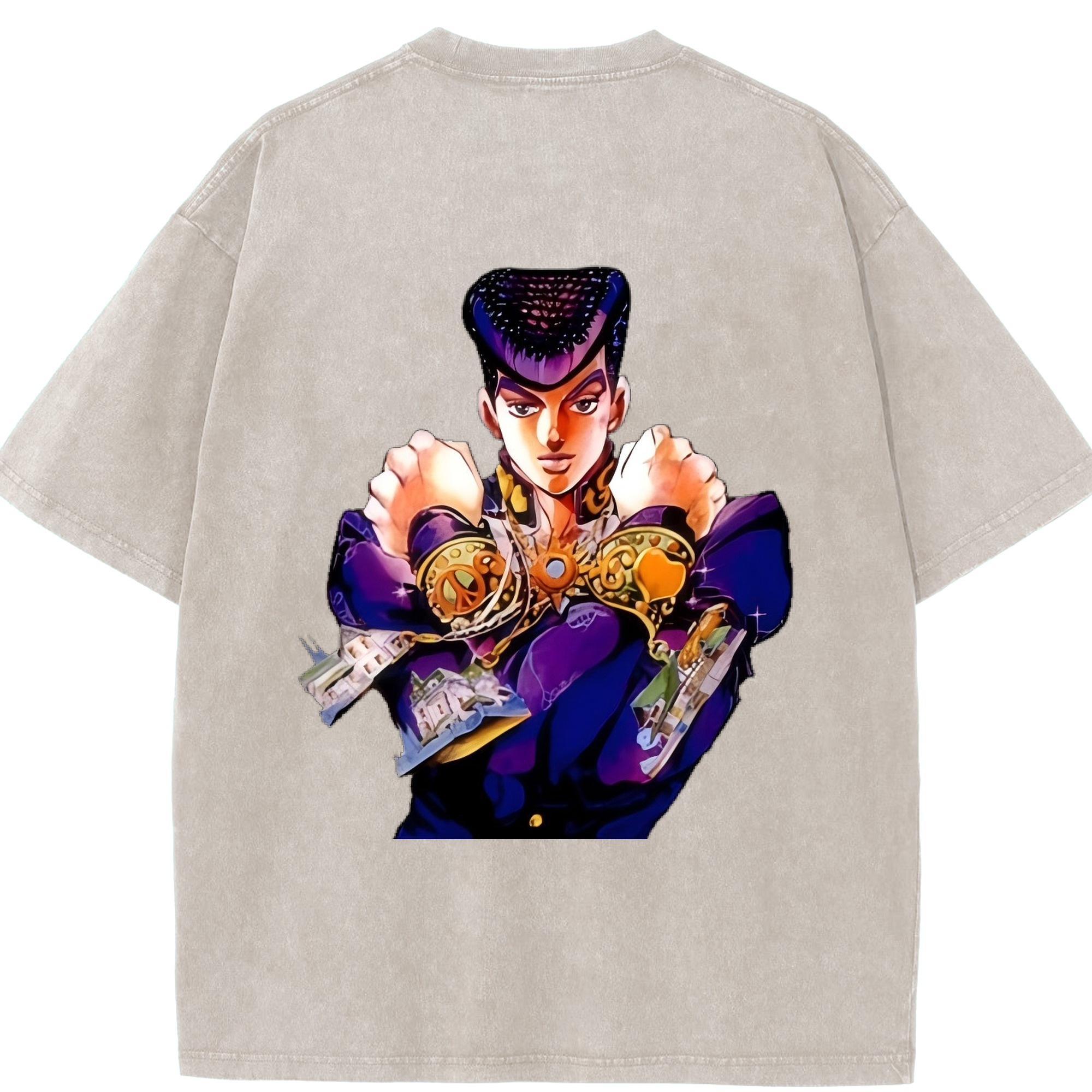 （画像用） ジョジョの奇妙な冒険 ひがしかた じょうすけ JoJo's Bizarre Adventure Higashikata Josuke 綿100% ヴィンテージ風 半袖Tシャツ（背面プリント）