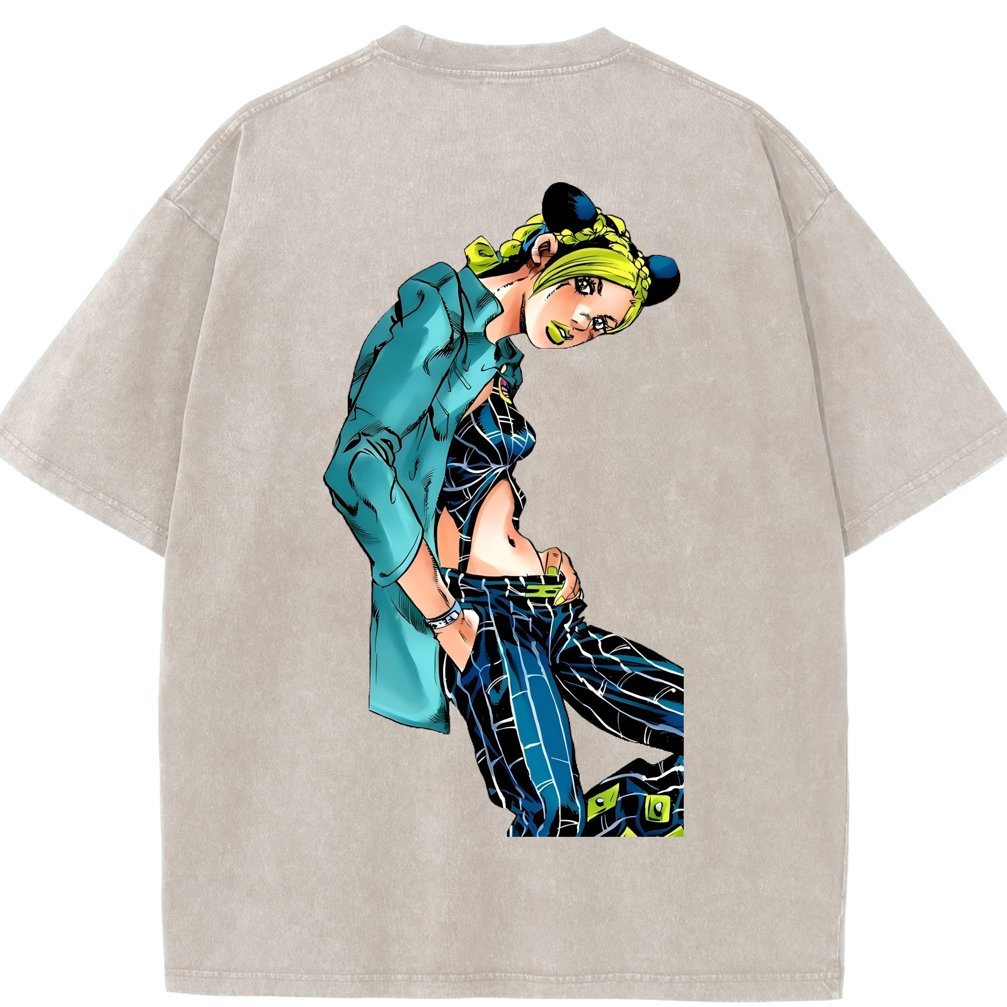 （画像用） "ジョジョの奇妙な冒険 くうじょう ジョリーン JoJo's Bizarre Adventure Jolyne Cujoh " 綿100% ヴィンテージ風 半袖Tシャツ（背面プリント）