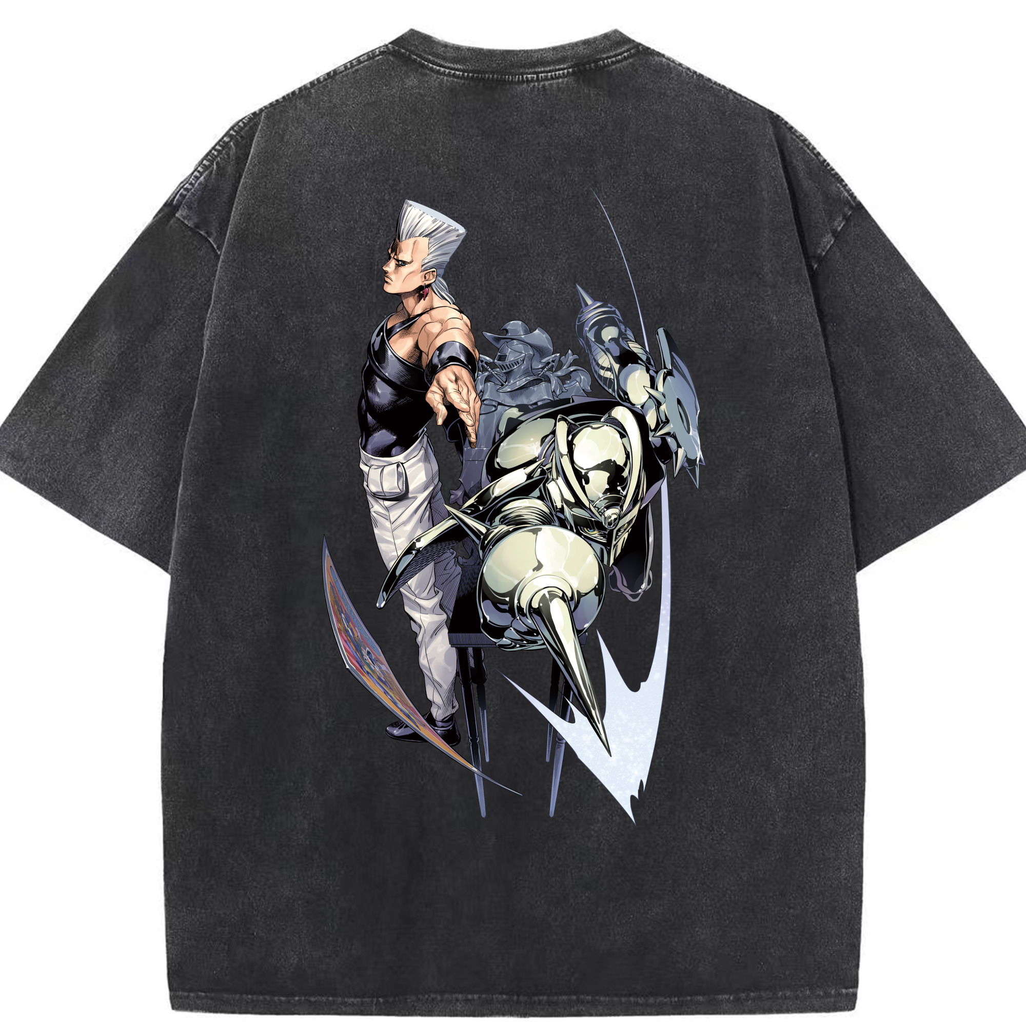 （画像用） ジョジョの奇妙な冒険 ジャン＝ピエール?ポルナレフ JoJo's Bizarre Adventure Jan Pierre Polnareff 綿100% ヴィンテージ風 半袖Tシャツ（背面プリント）