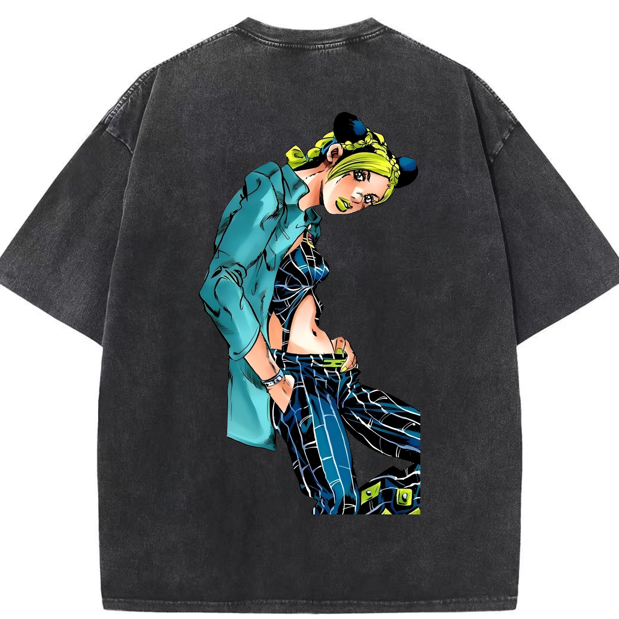 （画像用） "ジョジョの奇妙な冒険 くうじょう ジョリーン JoJo's Bizarre Adventure Jolyne Cujoh " 綿100% ヴィンテージ風 半袖Tシャツ（背面プリント）
