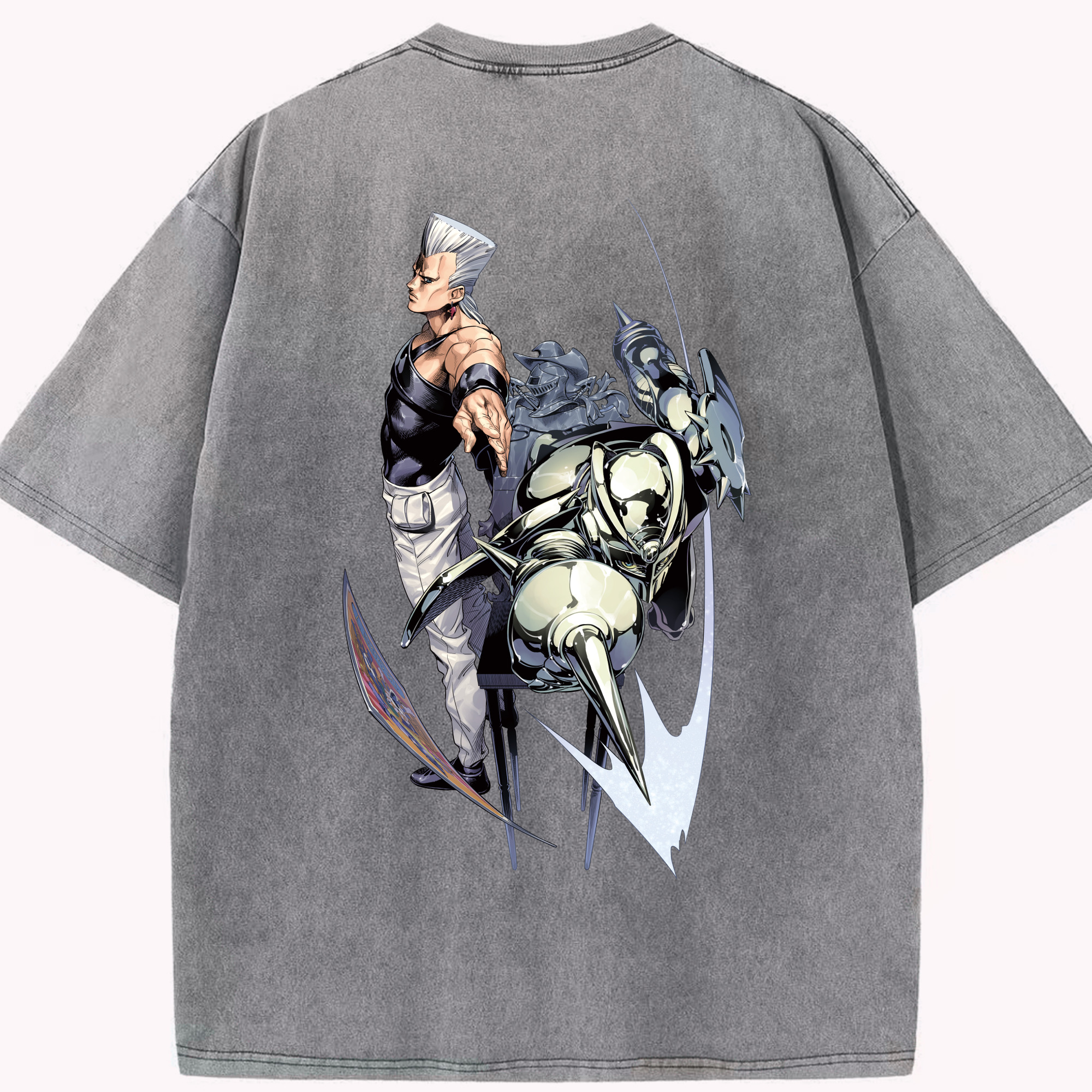 （画像用） ジョジョの奇妙な冒険 ジャン＝ピエール?ポルナレフ JoJo's Bizarre Adventure Jan Pierre Polnareff 綿100% ヴィンテージ風 半袖Tシャツ（背面プリント）