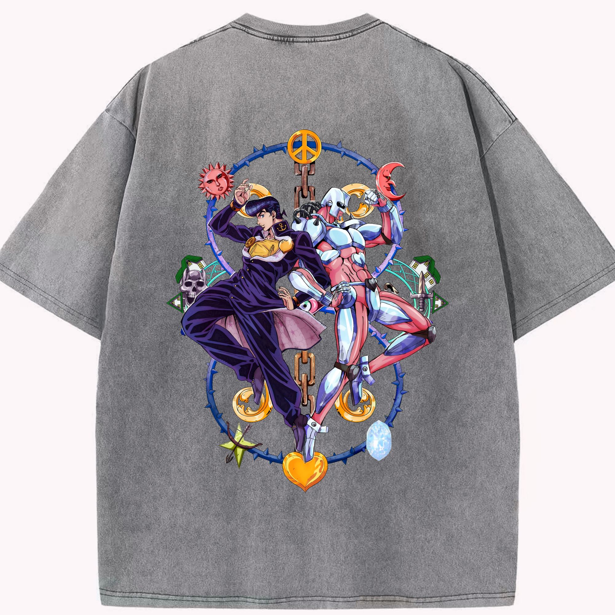 （画像用） ジョジョの奇妙な冒険 ひがしかた じょうすけ JoJo's Bizarre Adventure Higashikata Josuke 綿100% ヴィンテージ風 半袖Tシャツ（背面プリント）
