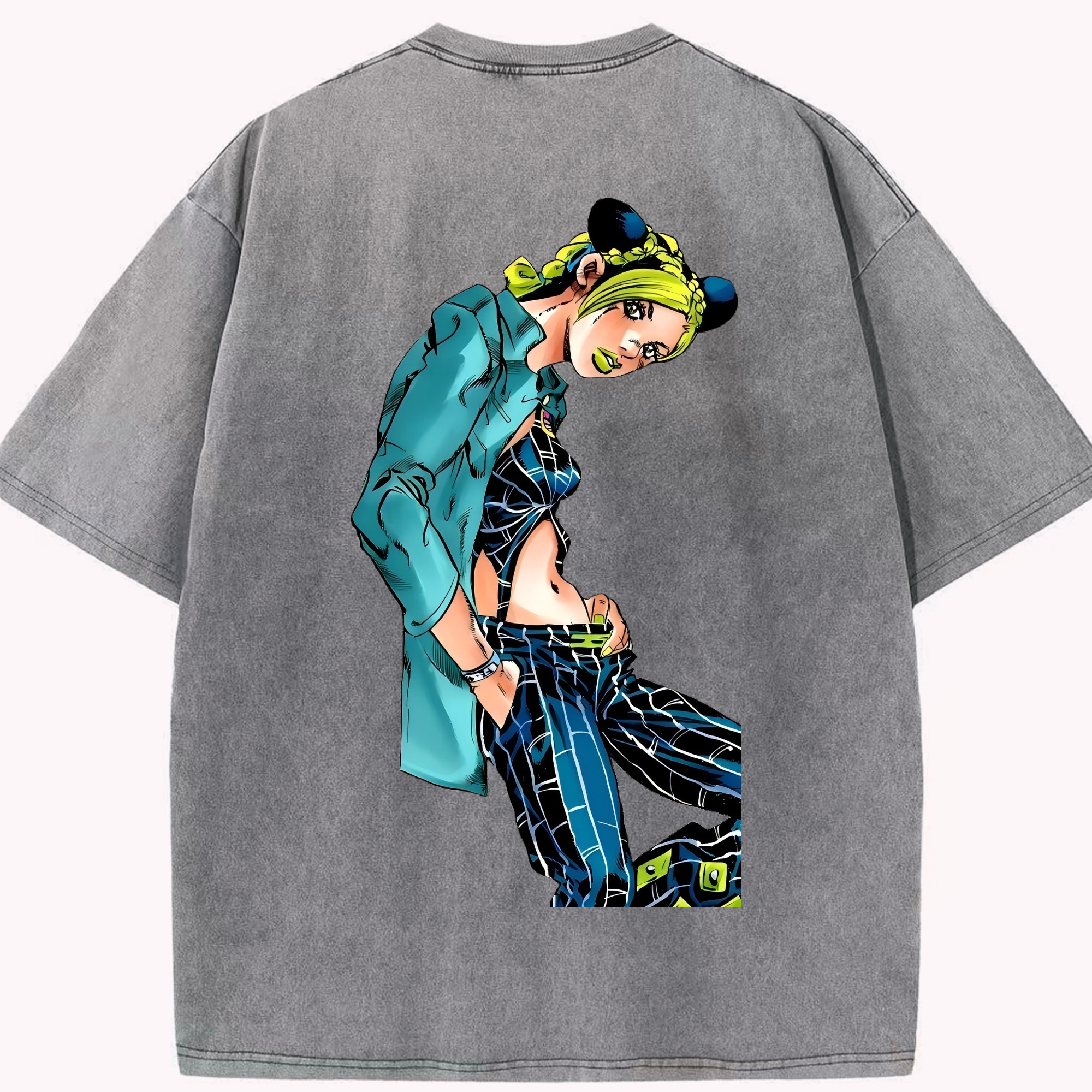 （画像用） "ジョジョの奇妙な冒険 くうじょう ジョリーン JoJo's Bizarre Adventure Jolyne Cujoh " 綿100% ヴィンテージ風 半袖Tシャツ（背面プリント）