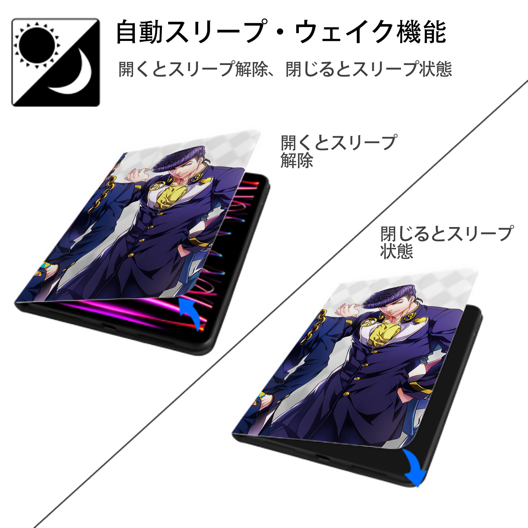 ジョジョの奇妙な冒険 JoJo's Bizarre Adventure IPad ケース ブック型 PUレザー TPU 耐衝撃 軽量 薄型 ペン収納なし 全面保護 IPad 各モデル対応