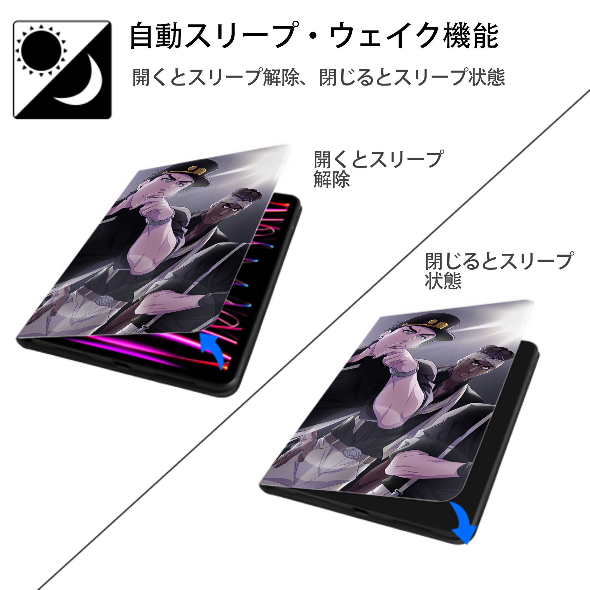ジョジョの奇妙な冒険 JoJo's Bizarre Adventure IPad ケース ブック型 PUレザー TPU 耐衝撃 軽量 薄型 ペン収納なし 全面保護 IPad 各モデル対応