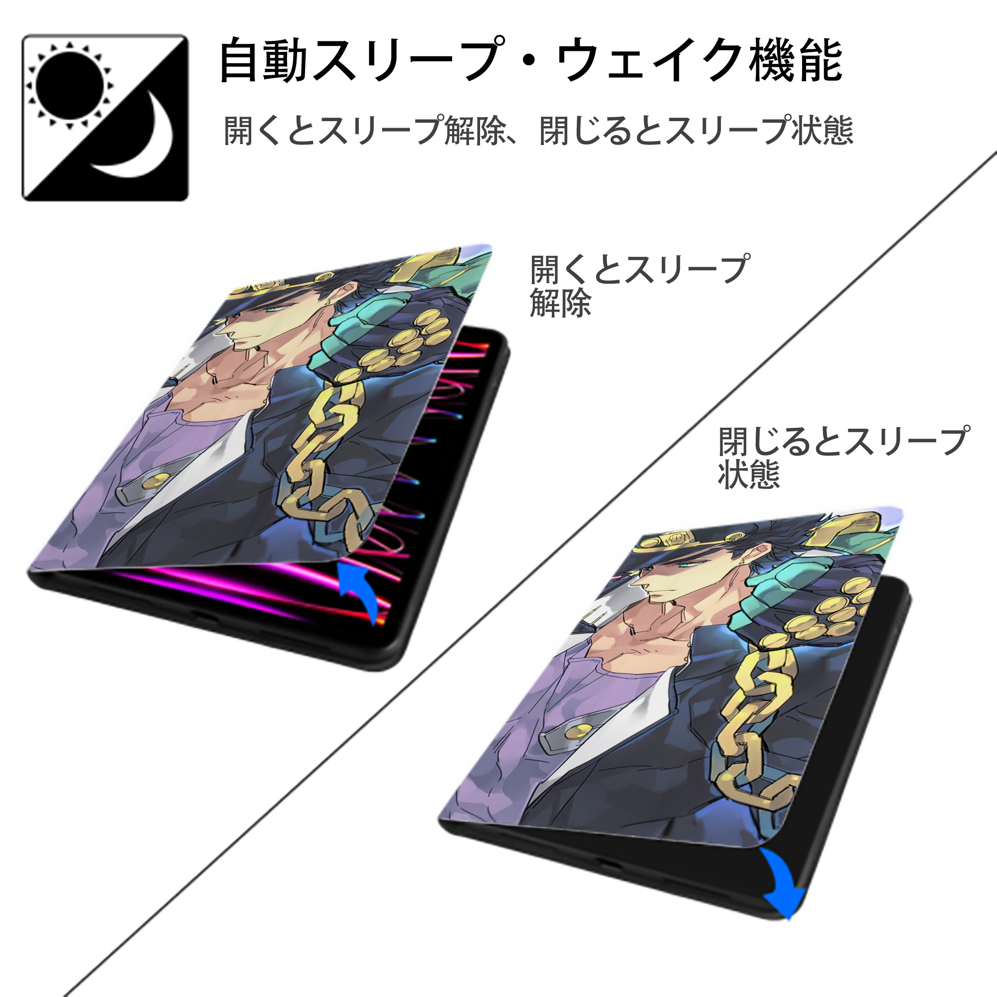 ジョジョの奇妙な冒険 JoJo's Bizarre Adventure IPad ケース ブック型 PUレザー TPU 耐衝撃 軽量 薄型 ペン収納なし 全面保護 IPad 各モデル対応