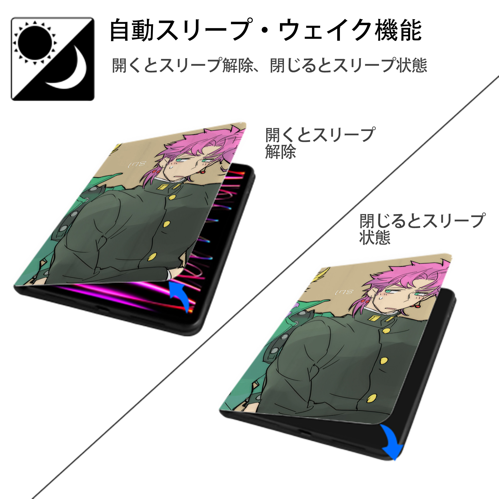 ジョジョの奇妙な冒険 JoJo's Bizarre Adventure IPad ケース ブック型 PUレザー TPU 耐衝撃 軽量 薄型 ペン収納なし 全面保護 IPad 各モデル対応