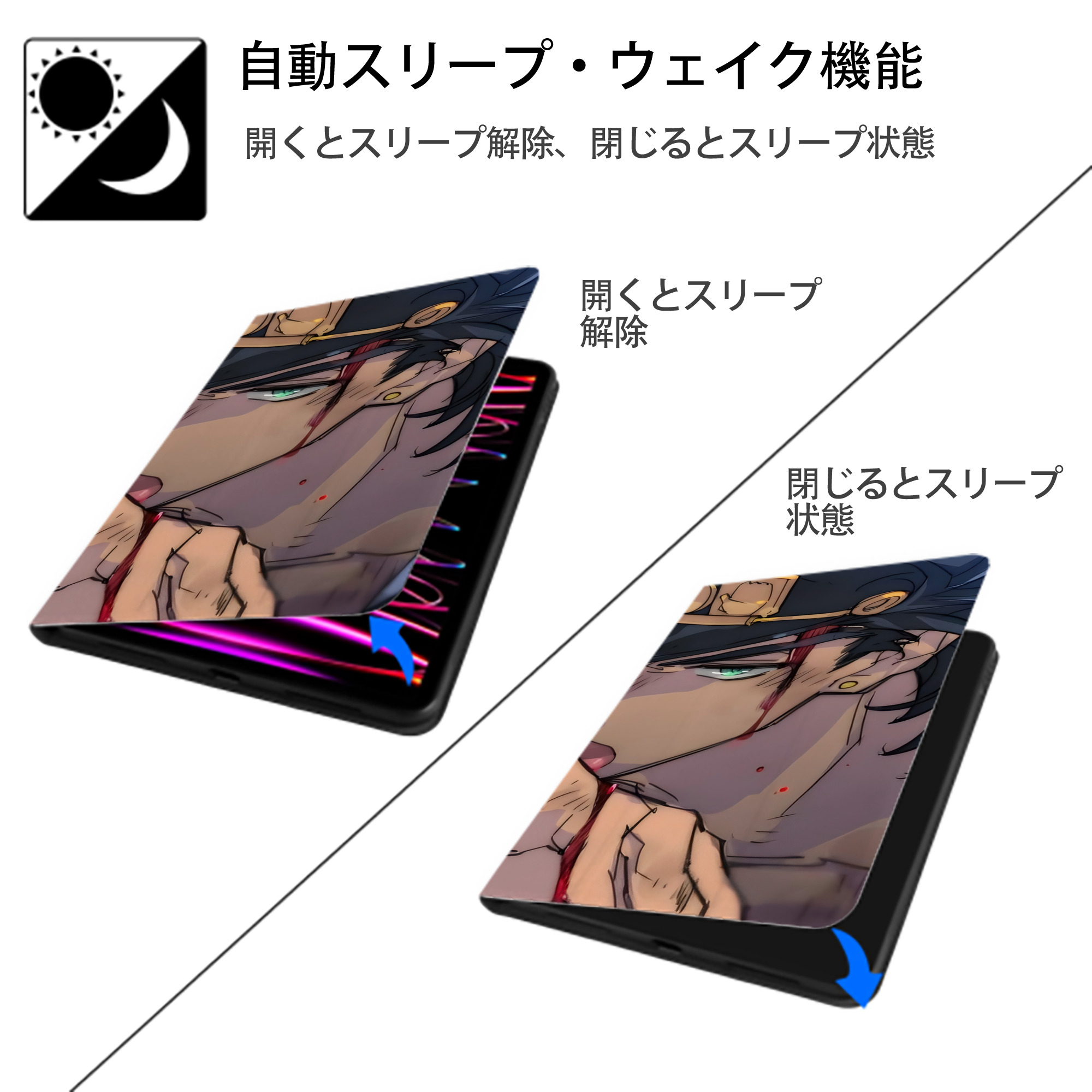 ジョジョの奇妙な冒険 JoJo's Bizarre Adventure IPad ケース ブック型 PUレザー TPU 耐衝撃 軽量 薄型 ペン収納なし 全面保護 IPad 各モデル対応