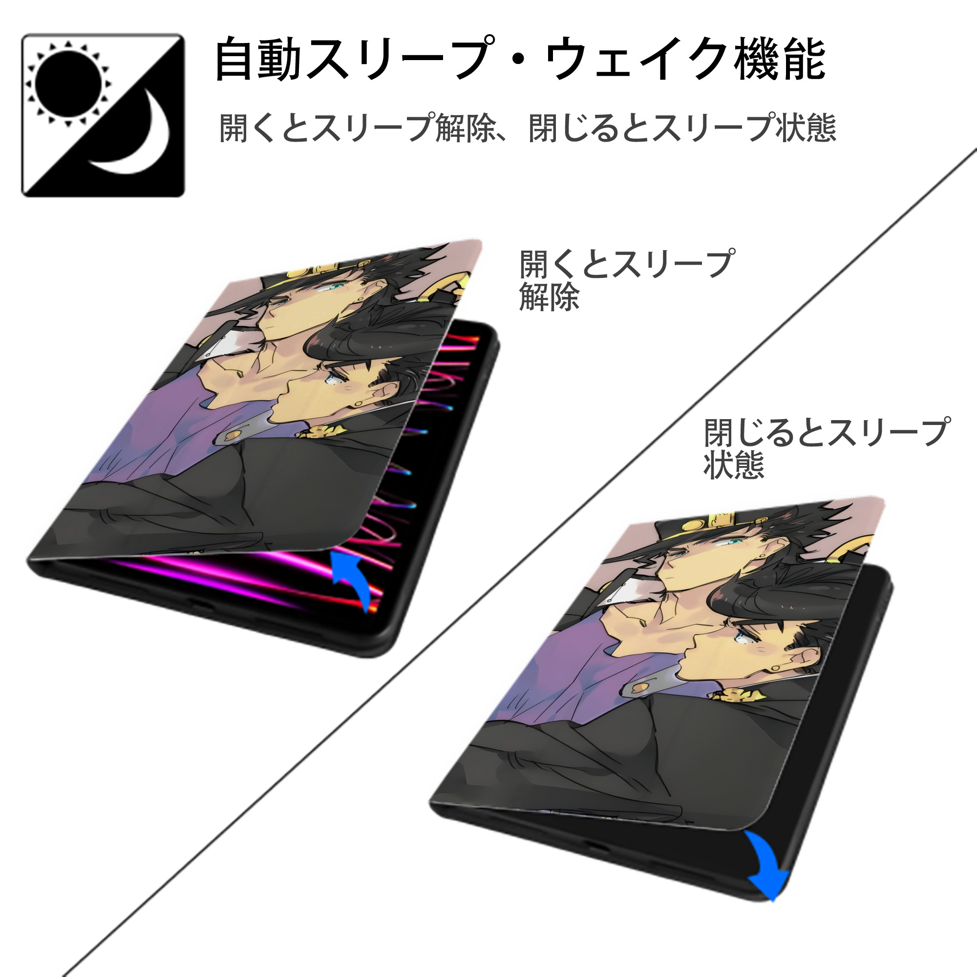 ジョジョの奇妙な冒険 JoJo's Bizarre Adventure IPad ケース ブック型 PUレザー TPU 耐衝撃 軽量 薄型 ペン収納なし 全面保護 IPad 各モデル対応