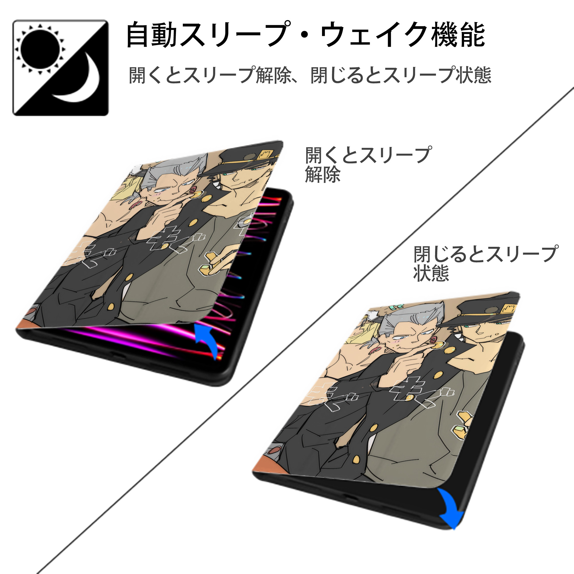 ジョジョの奇妙な冒険 JoJo's Bizarre Adventure IPad ケース ブック型 PUレザー TPU 耐衝撃 軽量 薄型 ペン収納なし 全面保護 IPad 各モデル対応