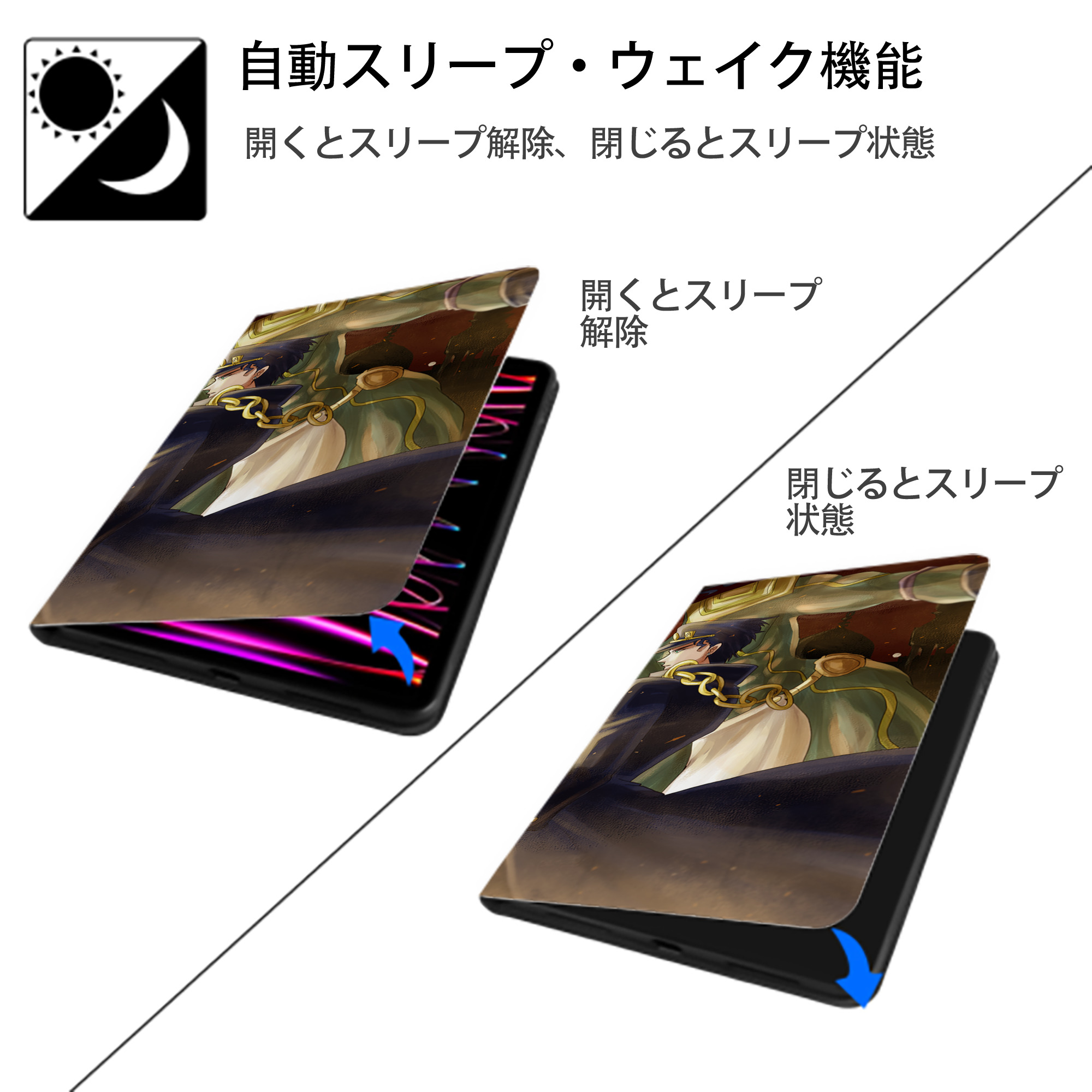 ジョジョの奇妙な冒険 JoJo's Bizarre Adventure IPad ケース ブック型 PUレザー TPU 耐衝撃 軽量 薄型 ペン収納なし 全面保護 IPad 各モデル対応
