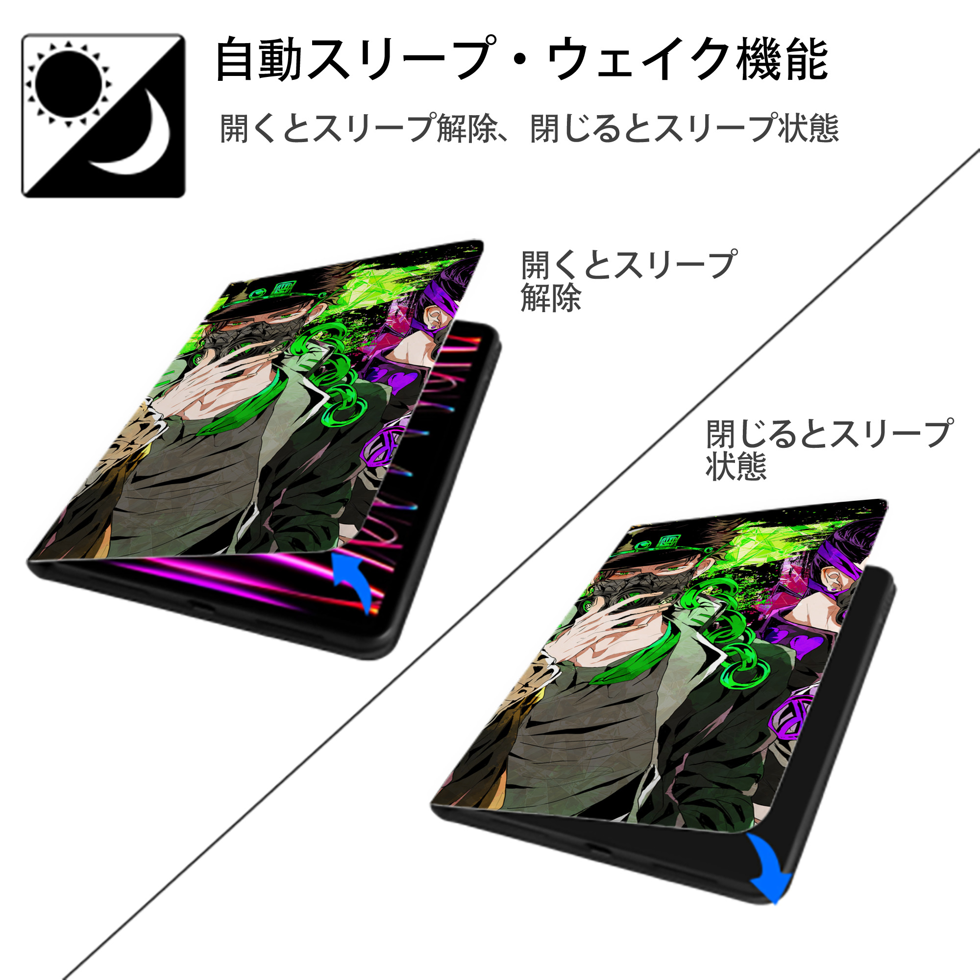 ジョジョの奇妙な冒険 JoJo's Bizarre Adventure IPad ケース ブック型 PUレザー TPU 耐衝撃 軽量 薄型 ペン収納なし 全面保護 IPad 各モデル対応