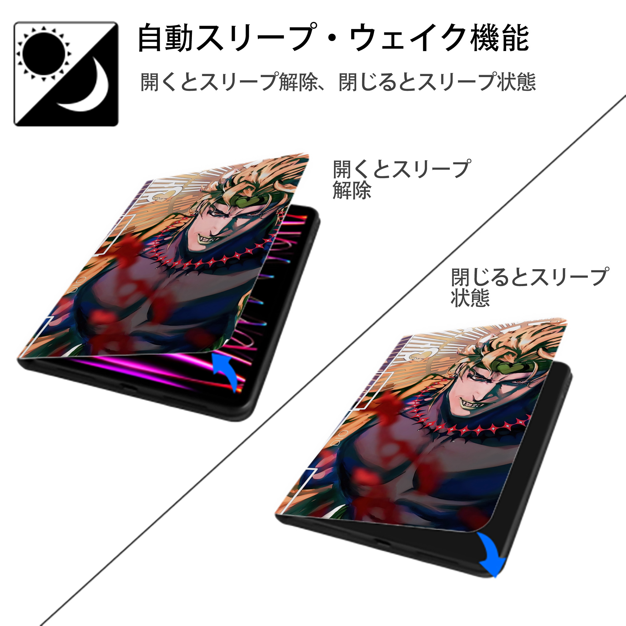 ジョジョの奇妙な冒険 JoJo's Bizarre Adventure IPad ケース ブック型 PUレザー TPU 耐衝撃 軽量 薄型 ペン収納なし 全面保護 IPad 各モデル対応