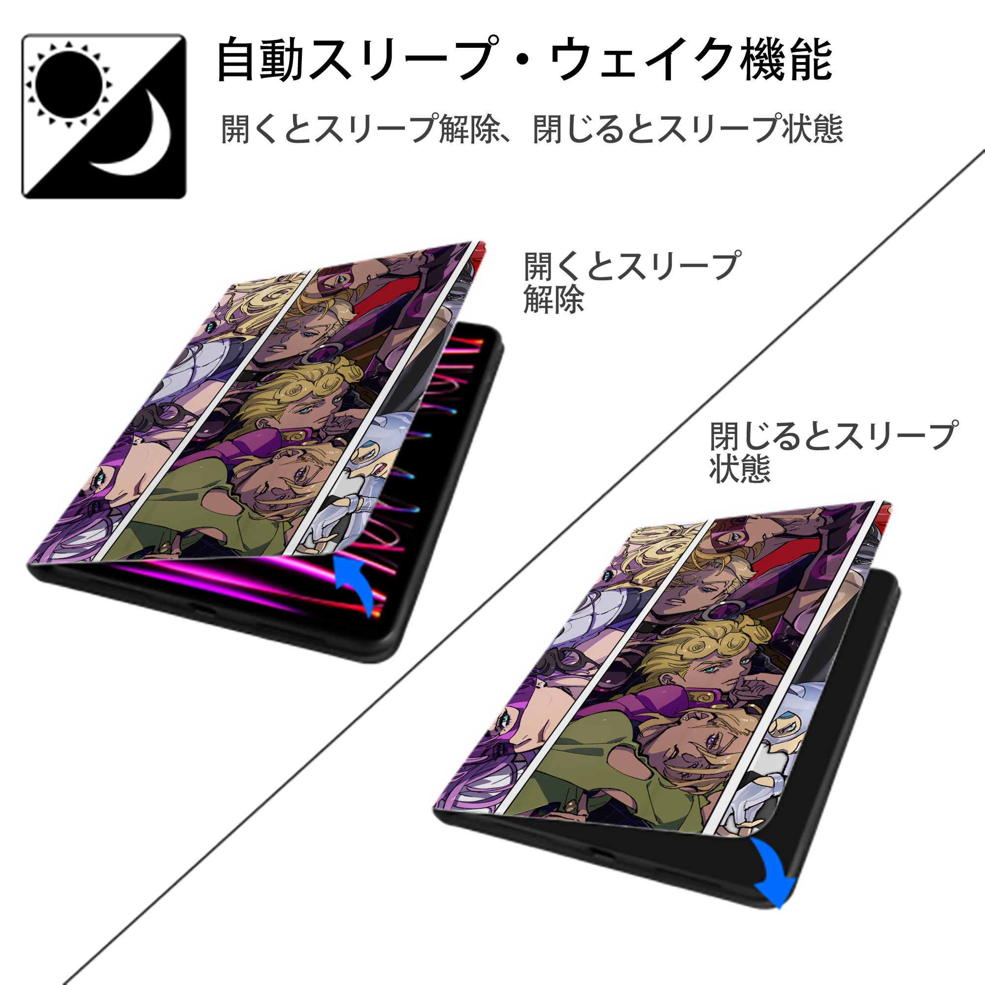 ジョジョの奇妙な冒険 JoJo's Bizarre Adventure IPad ケース ブック型 PUレザー TPU 耐衝撃 軽量 薄型 ペン収納なし 全面保護 IPad 各モデル対応