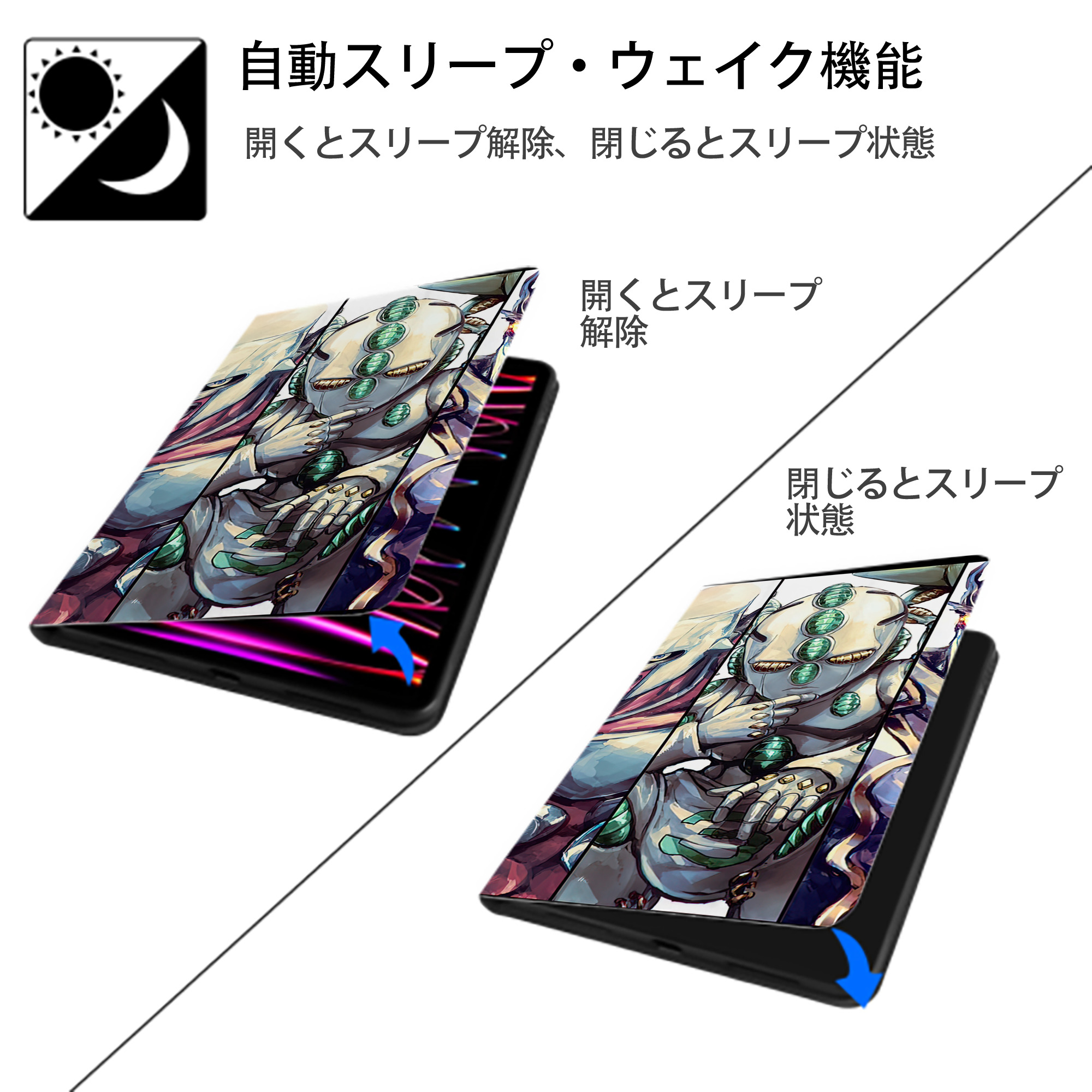 ジョジョの奇妙な冒険 JoJo's Bizarre Adventure IPad ケース ブック型 PUレザー TPU 耐衝撃 軽量 薄型 ペン収納なし 全面保護 IPad 各モデル対応