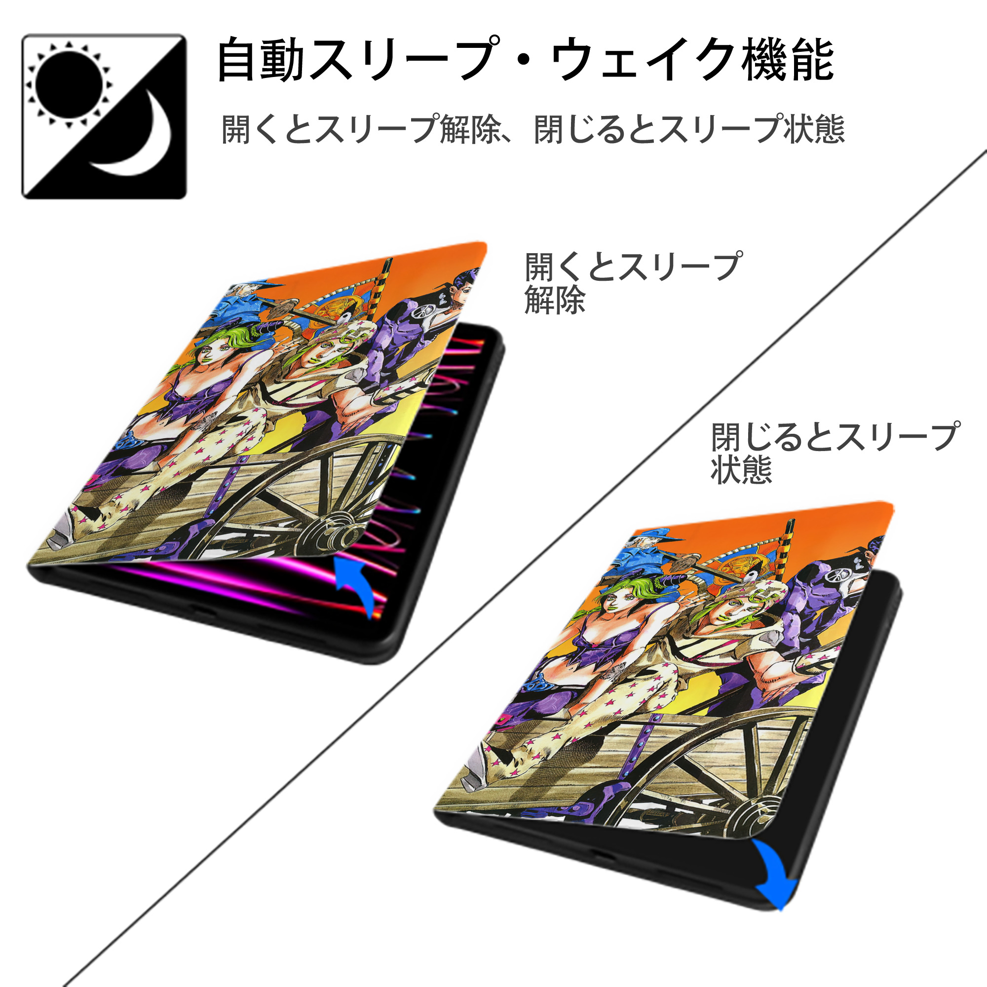 ジョジョの奇妙な冒険 JoJo's Bizarre Adventure IPad ケース ブック型 PUレザー TPU 耐衝撃 軽量 薄型 ペン収納なし 全面保護 IPad 各モデル対応