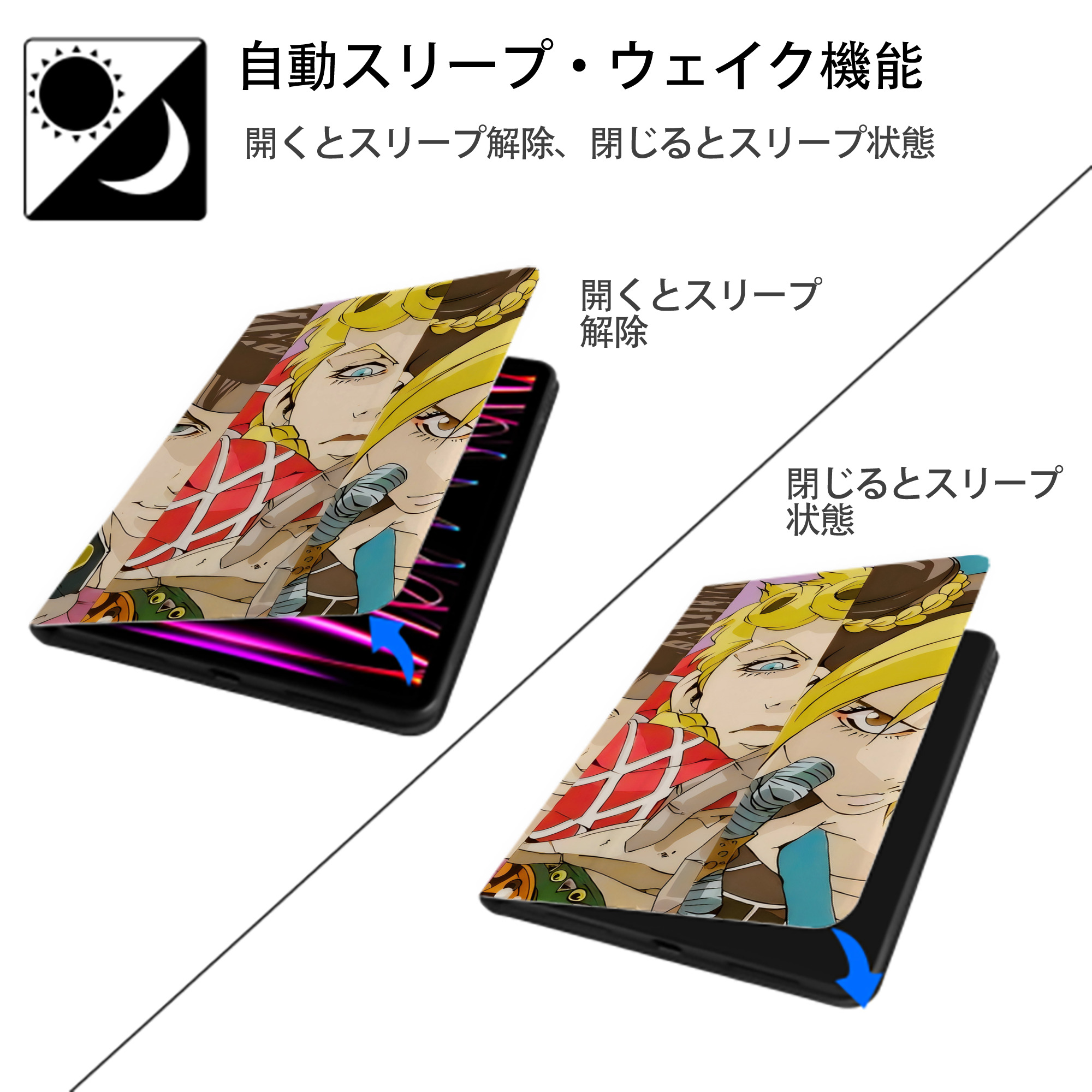 ジョジョの奇妙な冒険 JoJo's Bizarre Adventure IPadケース ペンホルダー付き ブックスタイルデザイン