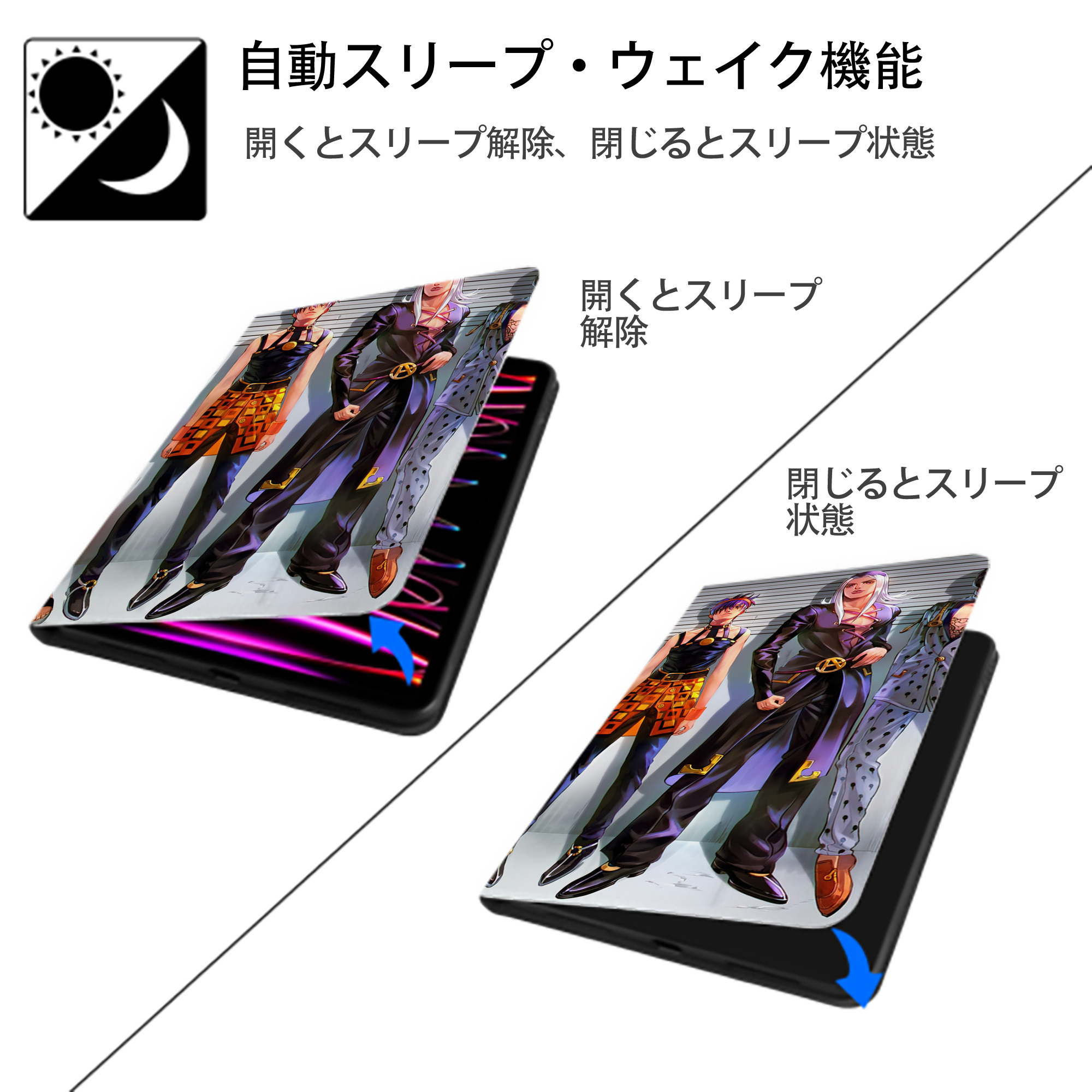 ジョジョの奇妙な冒険 JoJo's Bizarre Adventure IPadケース ペンホルダー付き ブックスタイルデザイン