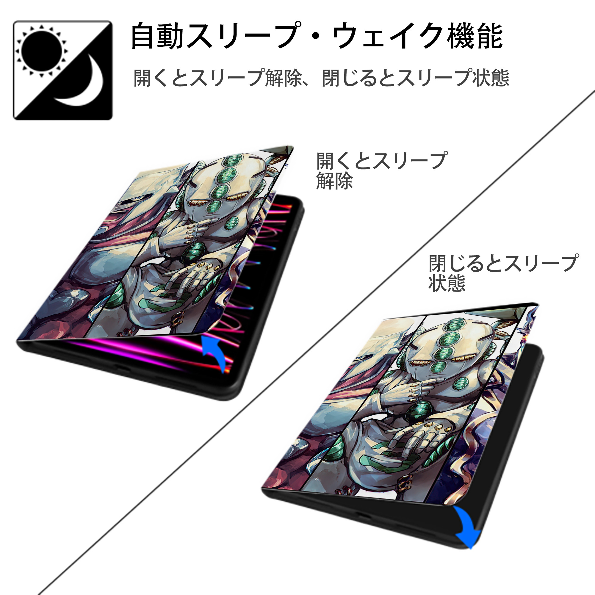 ジョジョの奇妙な冒険 JoJo's Bizarre Adventure IPadケース ペンホルダー付き ブックスタイルデザイン