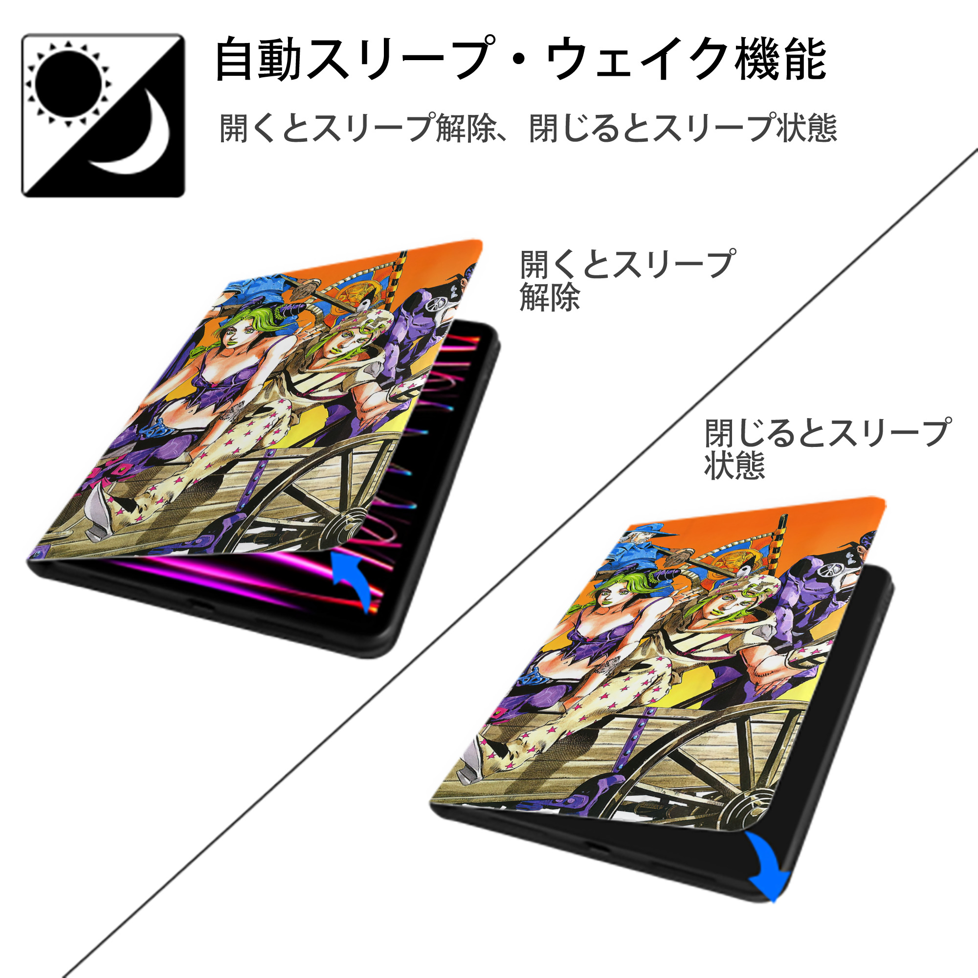 ジョジョの奇妙な冒険 JoJo's Bizarre Adventure IPadケース ペンホルダー付き ブックスタイルデザイン
