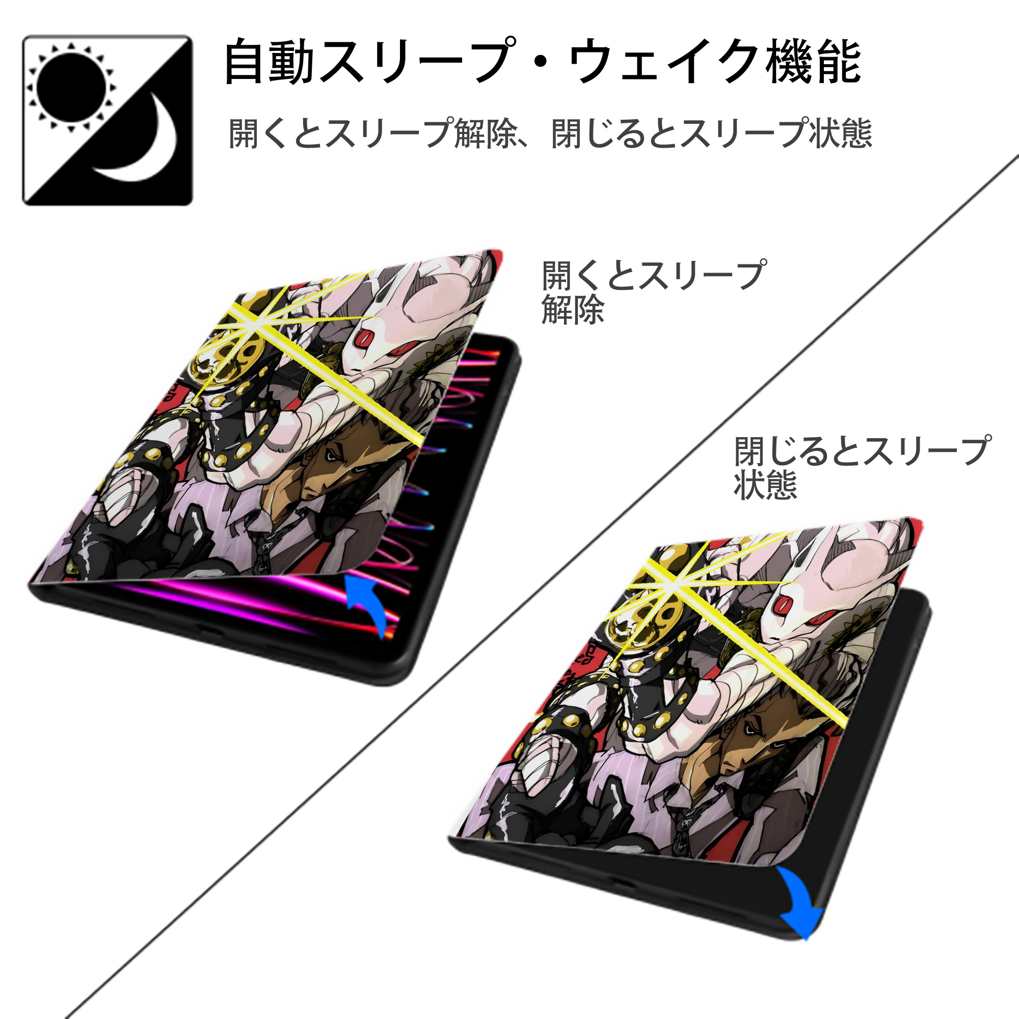 ジョジョの奇妙な冒険 JoJo's Bizarre Adventure IPad ケース ペン収納付き 三つ折りスタンド PUレザー×シリコン 対応機種9.5/10.5/10.9インチ