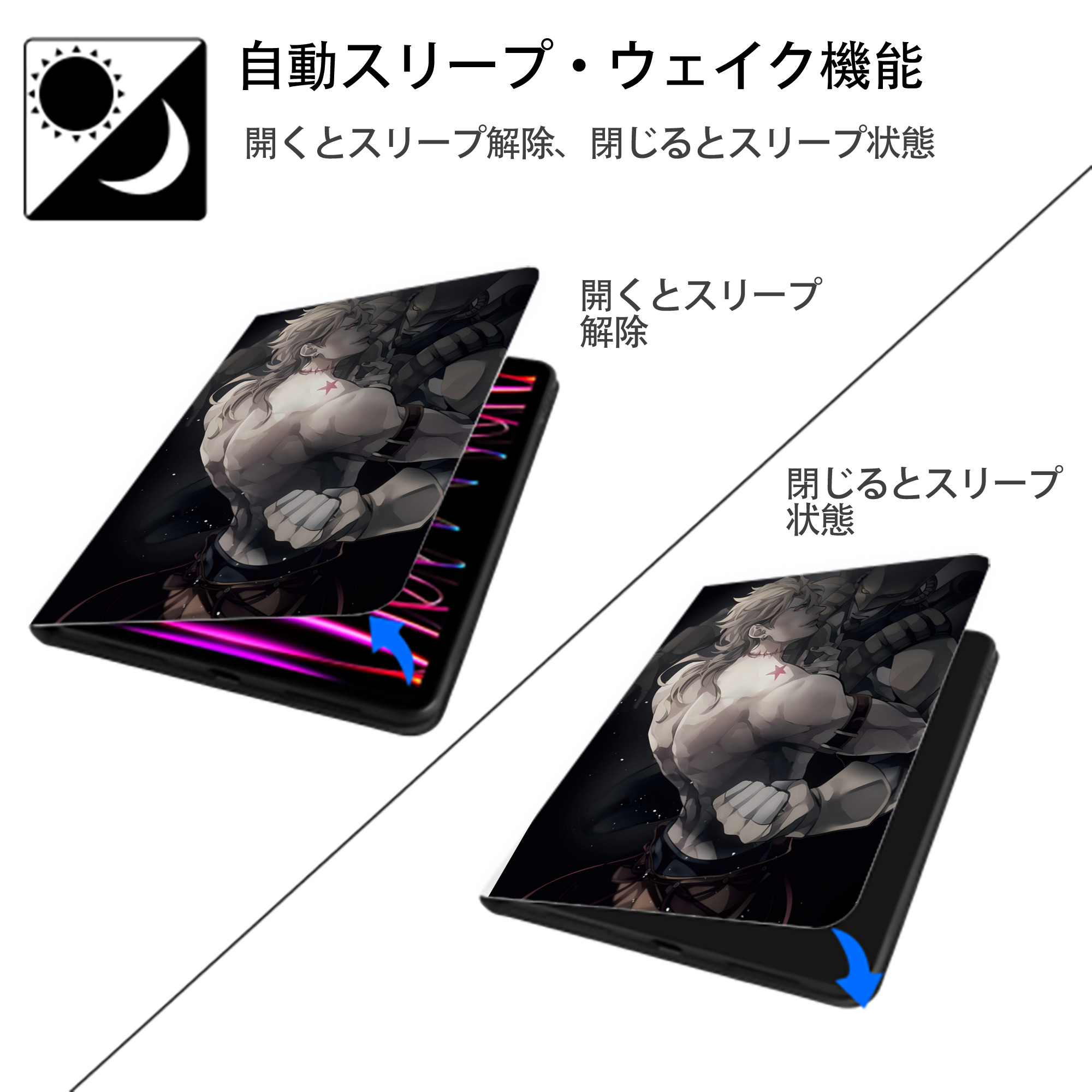 ジョジョの奇妙な冒険 JoJo's Bizarre Adventure IPad ケース ペン収納付き 三つ折りスタンド PUレザー×シリコン 対応機種9.5/10.5/10.9インチ