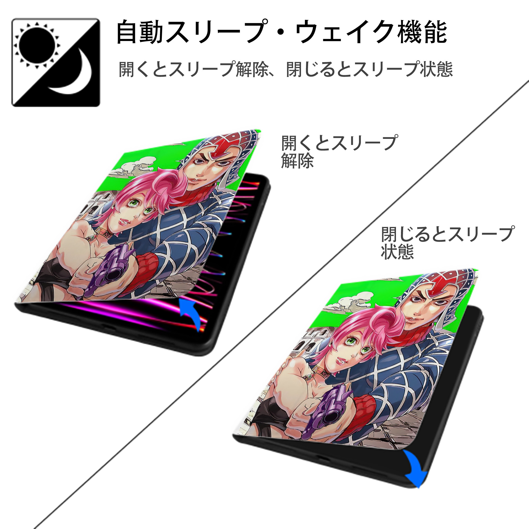 ジョジョの奇妙な冒険 JoJo's Bizarre Adventure IPad ケース ペン収納付き 三つ折りスタンド PUレザー×シリコン 対応機種9.5/10.5/10.9インチ