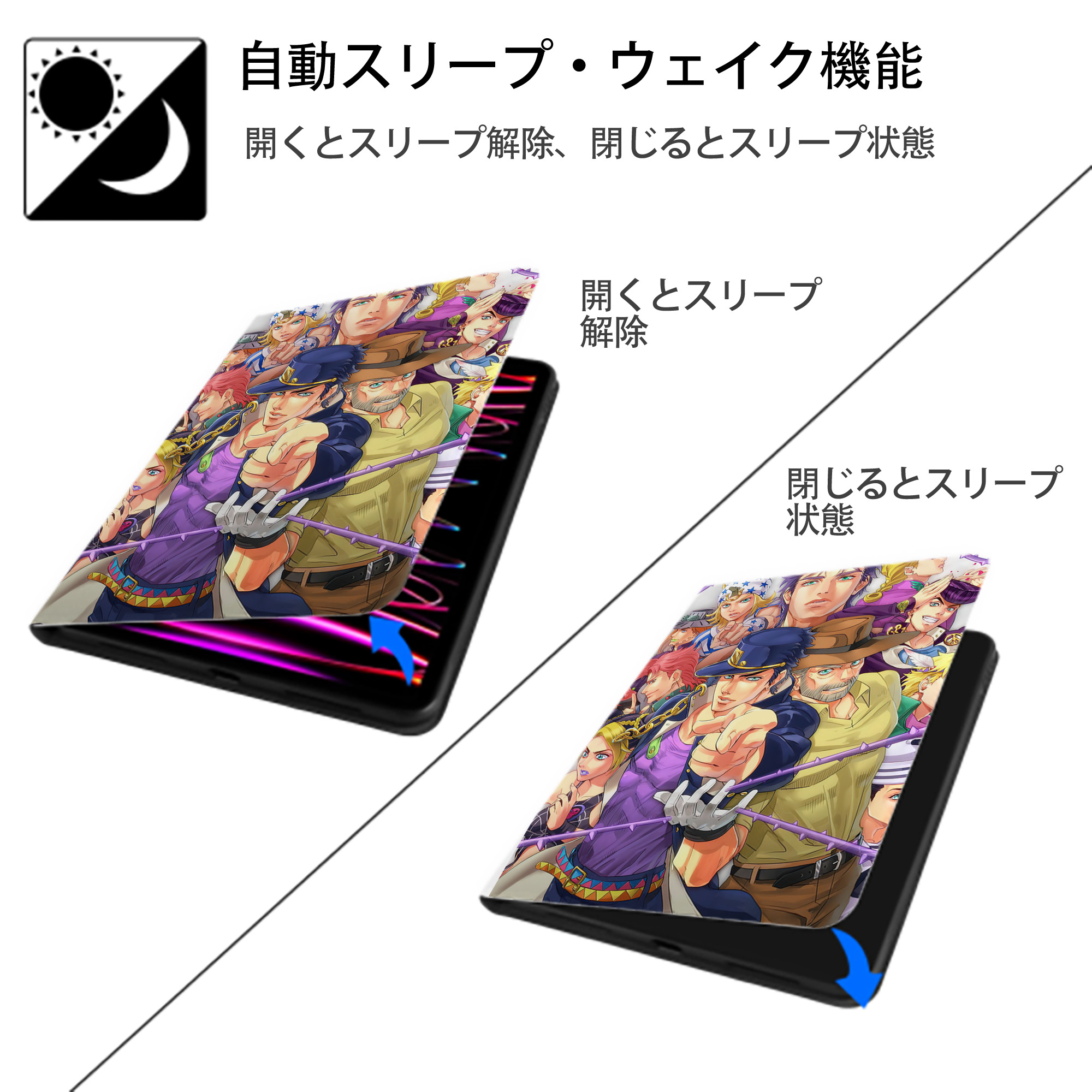 ジョジョの奇妙な冒険 JoJo's Bizarre Adventure IPad ケース ペン収納付き 三つ折りスタンド PUレザー×シリコン 対応機種9.5/10.5/10.9インチ