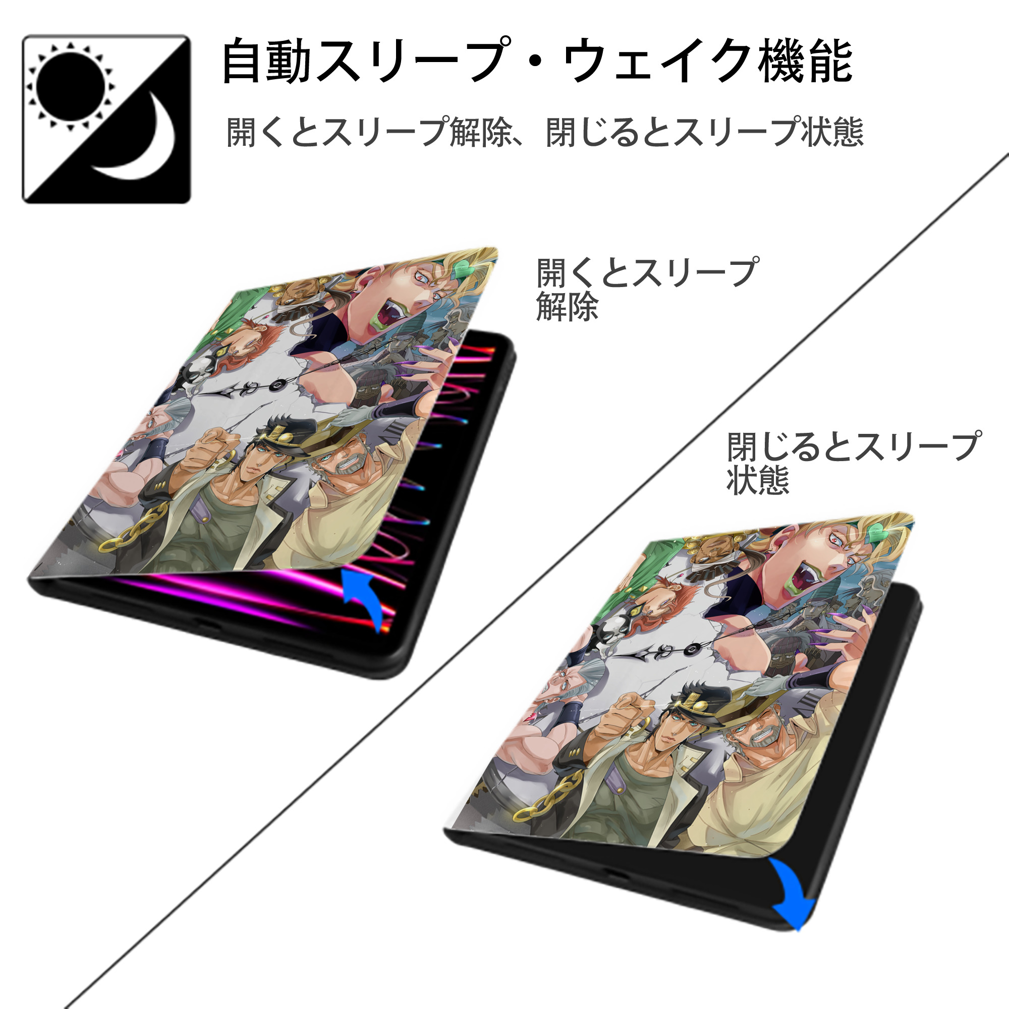 ジョジョの奇妙な冒険 JoJo's Bizarre Adventure IPad ケース ペン収納付き 三つ折りスタンド PUレザー×シリコン 対応機種9.5/10.5/10.9インチ