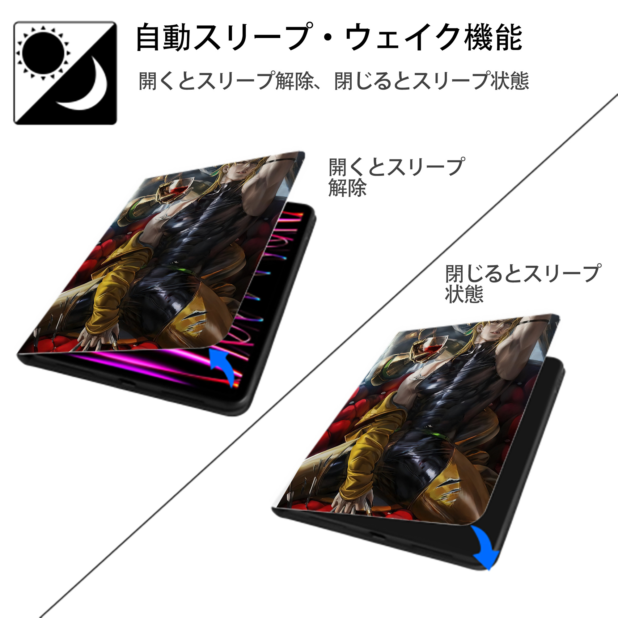 ジョジョの奇妙な冒険 JoJo's Bizarre Adventure IPad ケース ペン収納付き 三つ折りスタンド PUレザー×シリコン 対応機種9.5/10.5/10.9インチ