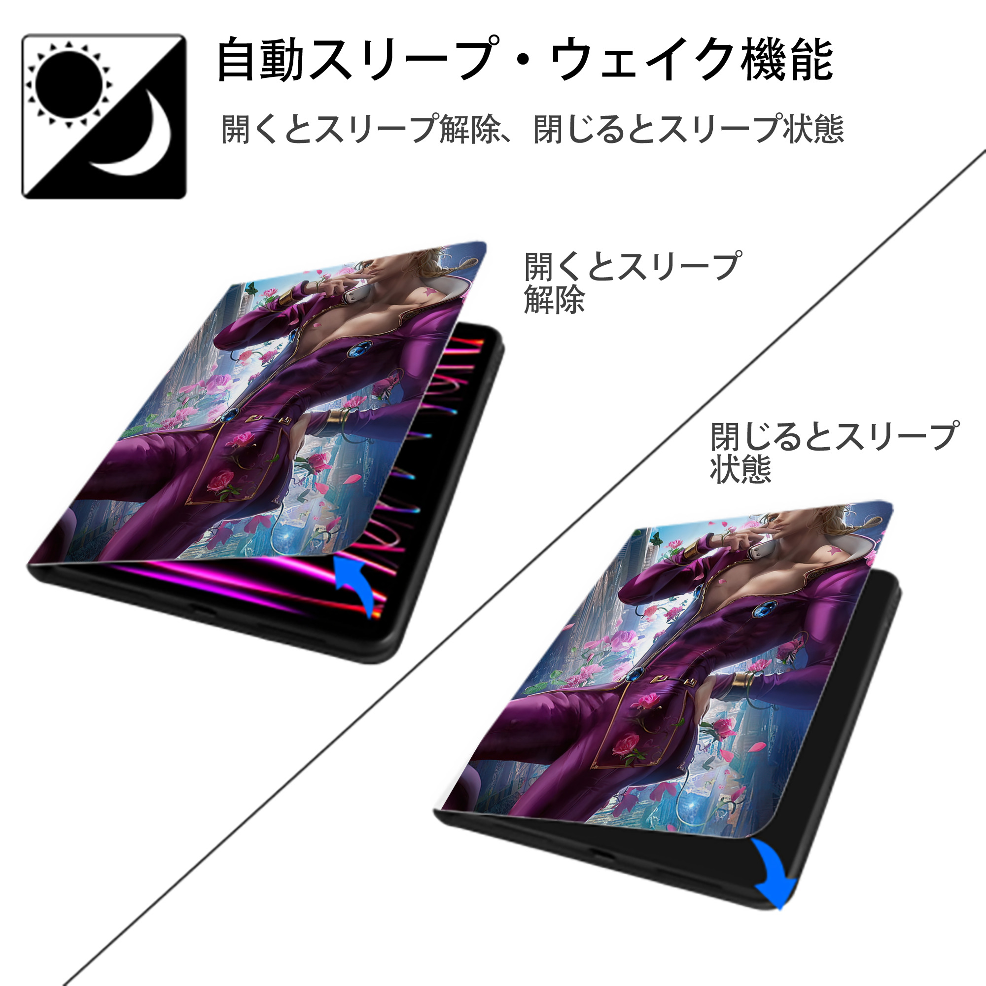 ジョジョの奇妙な冒険 JoJo's Bizarre Adventure IPad ケース ペン収納付き 三つ折りスタンド PUレザー×シリコン 対応機種9.5/10.5/10.9インチ
