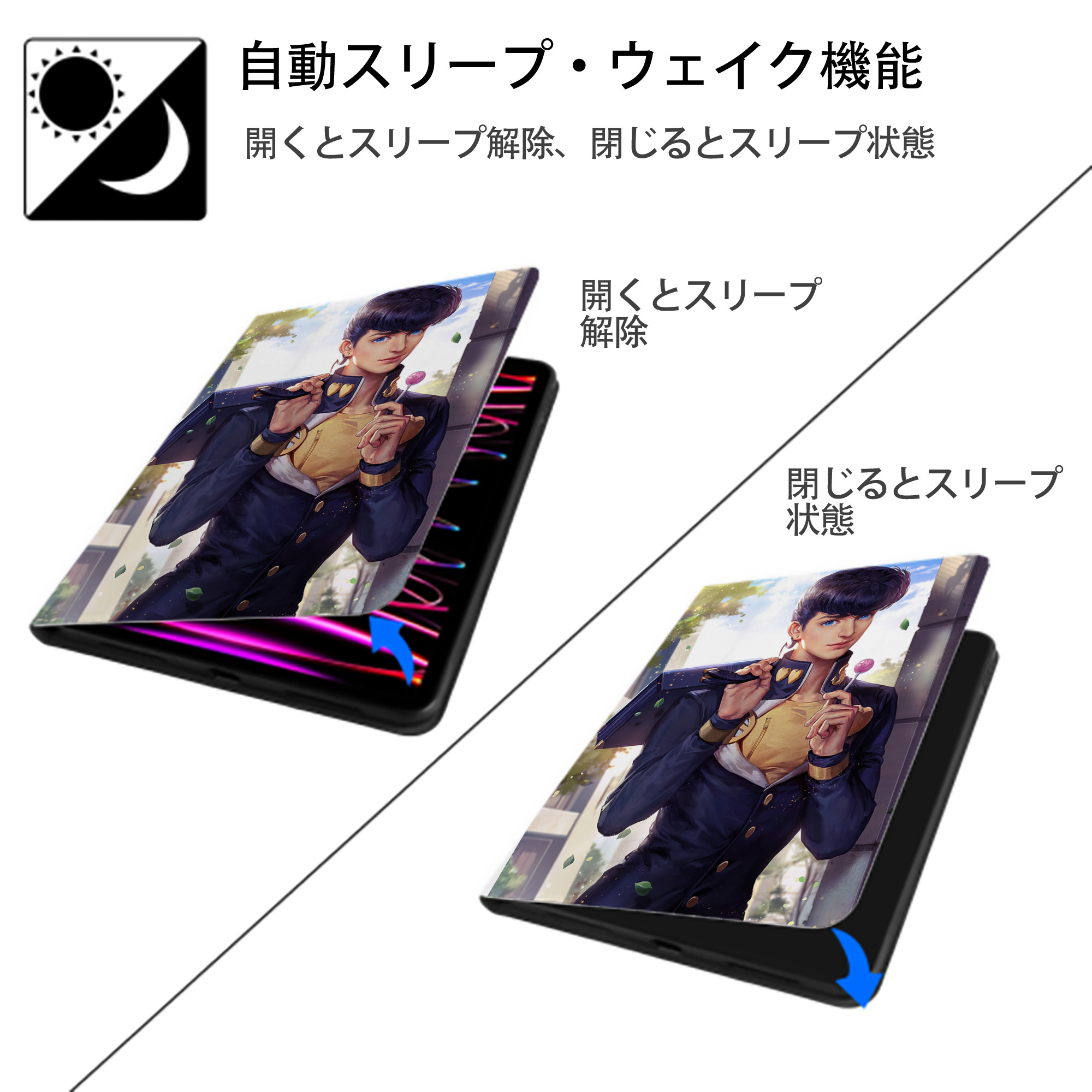 ジョジョの奇妙な冒険 JoJo's Bizarre Adventure IPad ケース ペン収納付き 三つ折りスタンド PUレザー×シリコン 対応機種9.5/10.5/10.9インチ