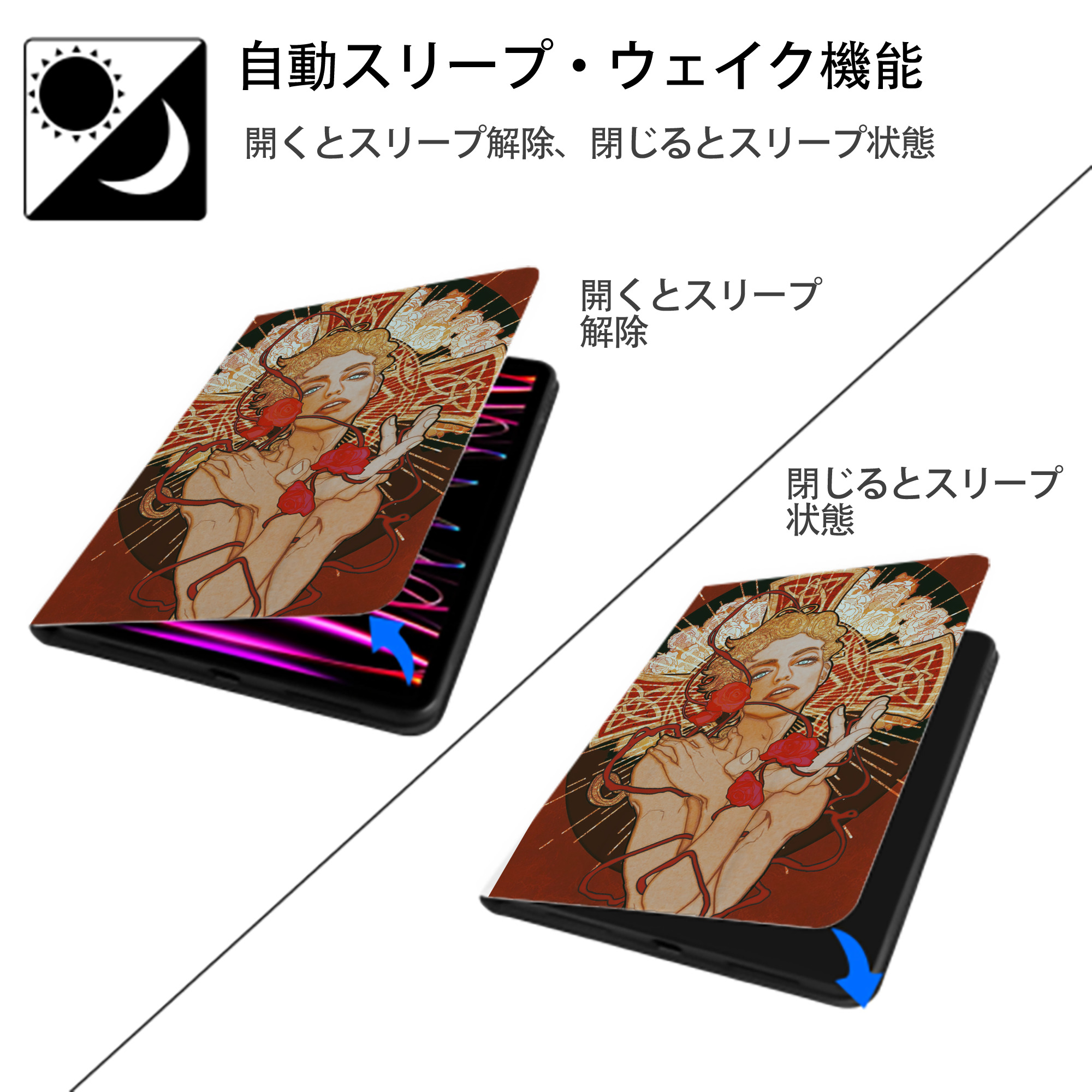 ジョジョの奇妙な冒険 JoJo's Bizarre Adventure IPad ケース ペン収納付き 三つ折りスタンド PUレザー×シリコン 対応機種9.5/10.5/10.9インチ