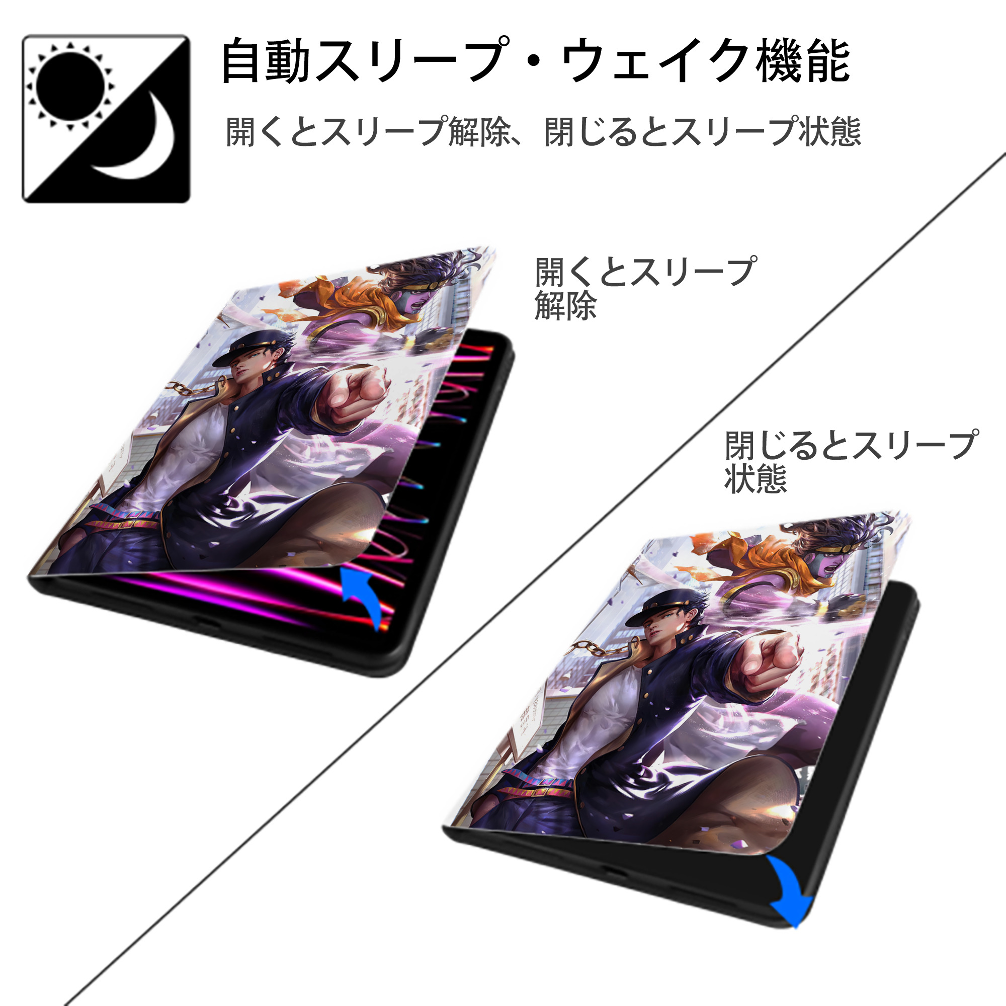 ジョジョの奇妙な冒険 JoJo's Bizarre Adventure IPad ケース ペン収納付き 三つ折りスタンド PUレザー×シリコン 対応機種9.5/10.5/10.9インチ