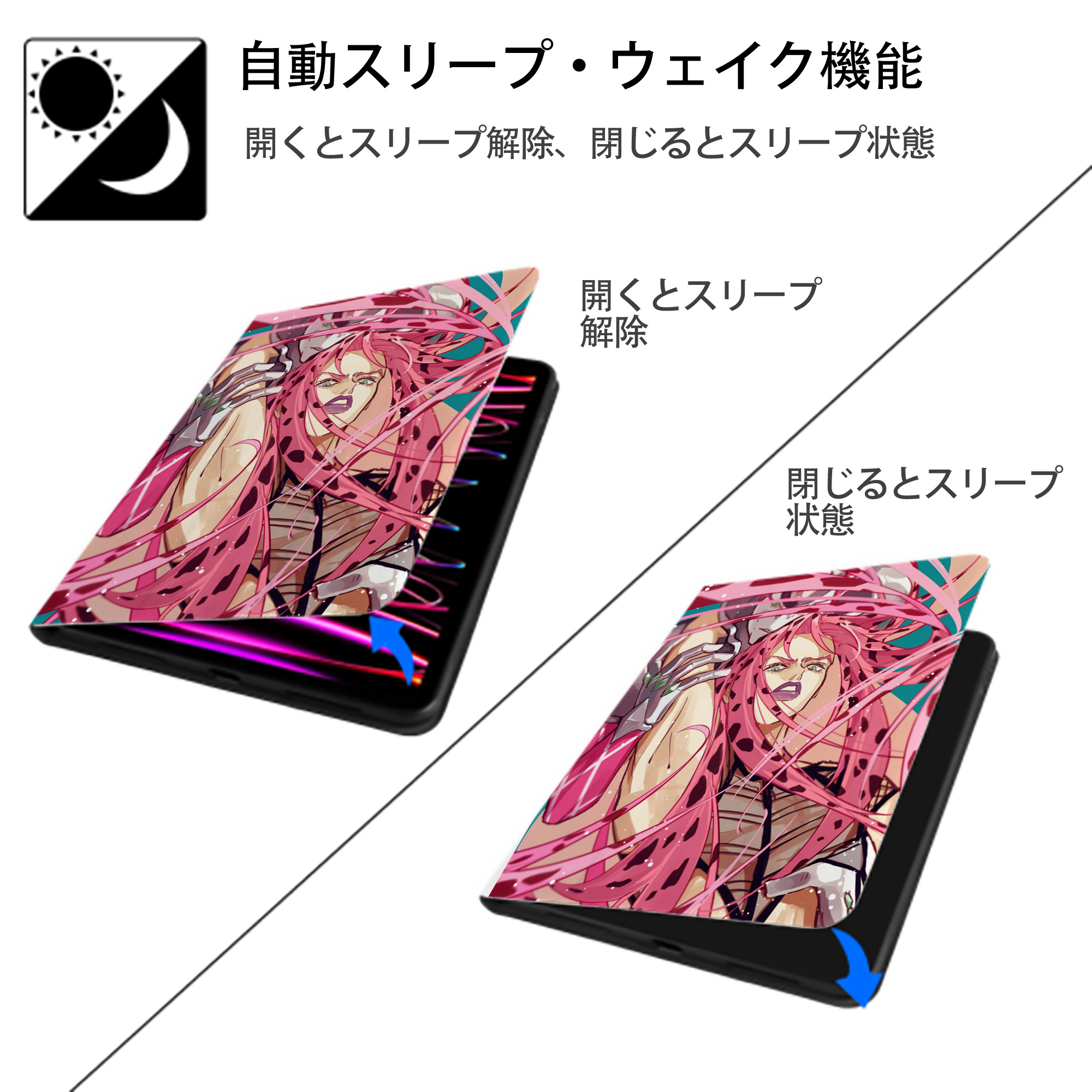 ジョジョの奇妙な冒険 JoJo's Bizarre Adventure IPad ケース ペン収納付き 三つ折りスタンド PUレザー×シリコン 対応機種9.5/10.5/10.9インチ