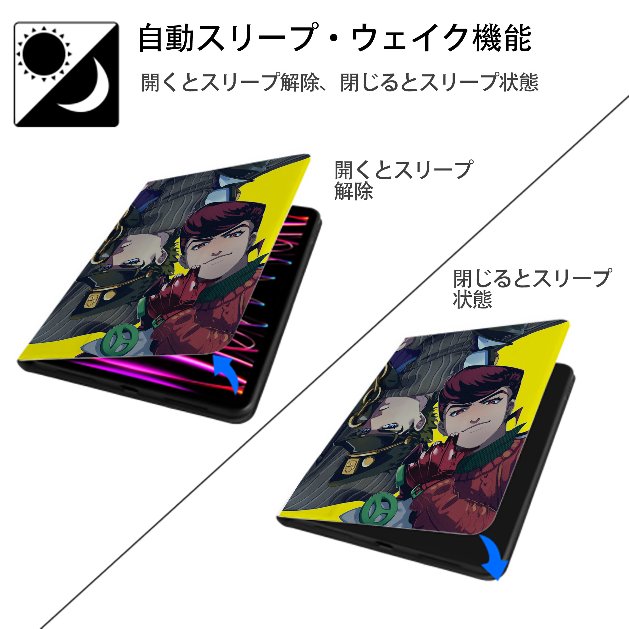ジョジョの奇妙な冒険 JoJo's Bizarre Adventure IPad ケース ペン収納付き 三つ折りスタンド PUレザー×シリコン 対応機種9.5/10.5/10.9インチ