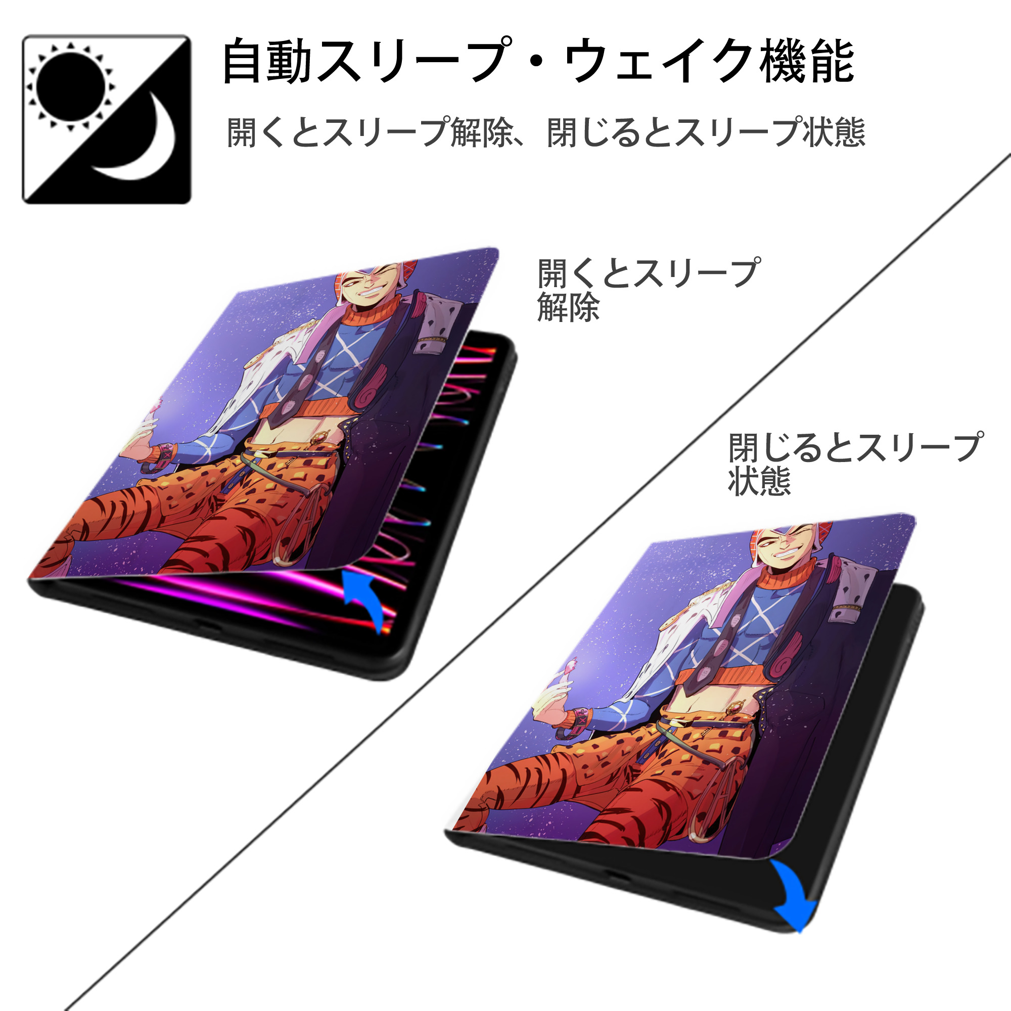 ジョジョの奇妙な冒険 JoJo's Bizarre Adventure IPad ケース ペン収納付き 三つ折りスタンド PUレザー×シリコン 対応機種9.5/10.5/10.9インチ