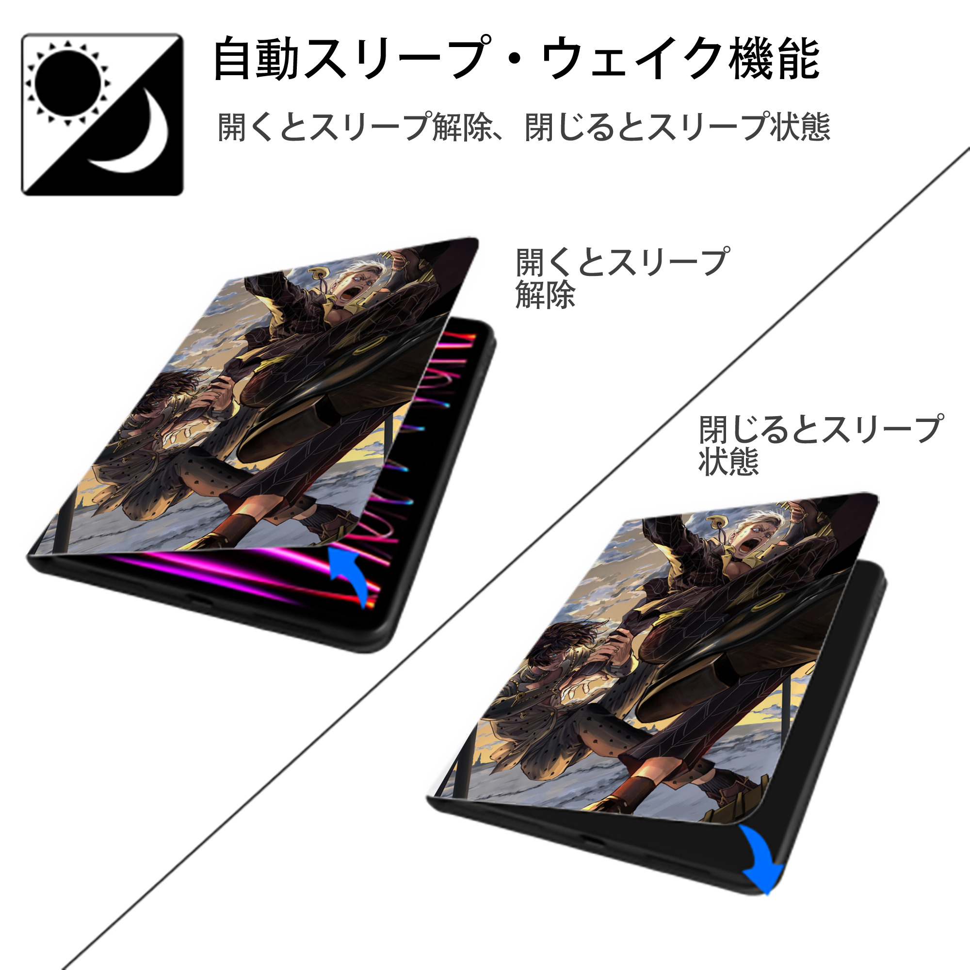 ジョジョの奇妙な冒険 JoJo's Bizarre Adventure IPad ケース ペン収納付き 三つ折りスタンド PUレザー×シリコン 対応機種9.5/10.5/10.9インチ