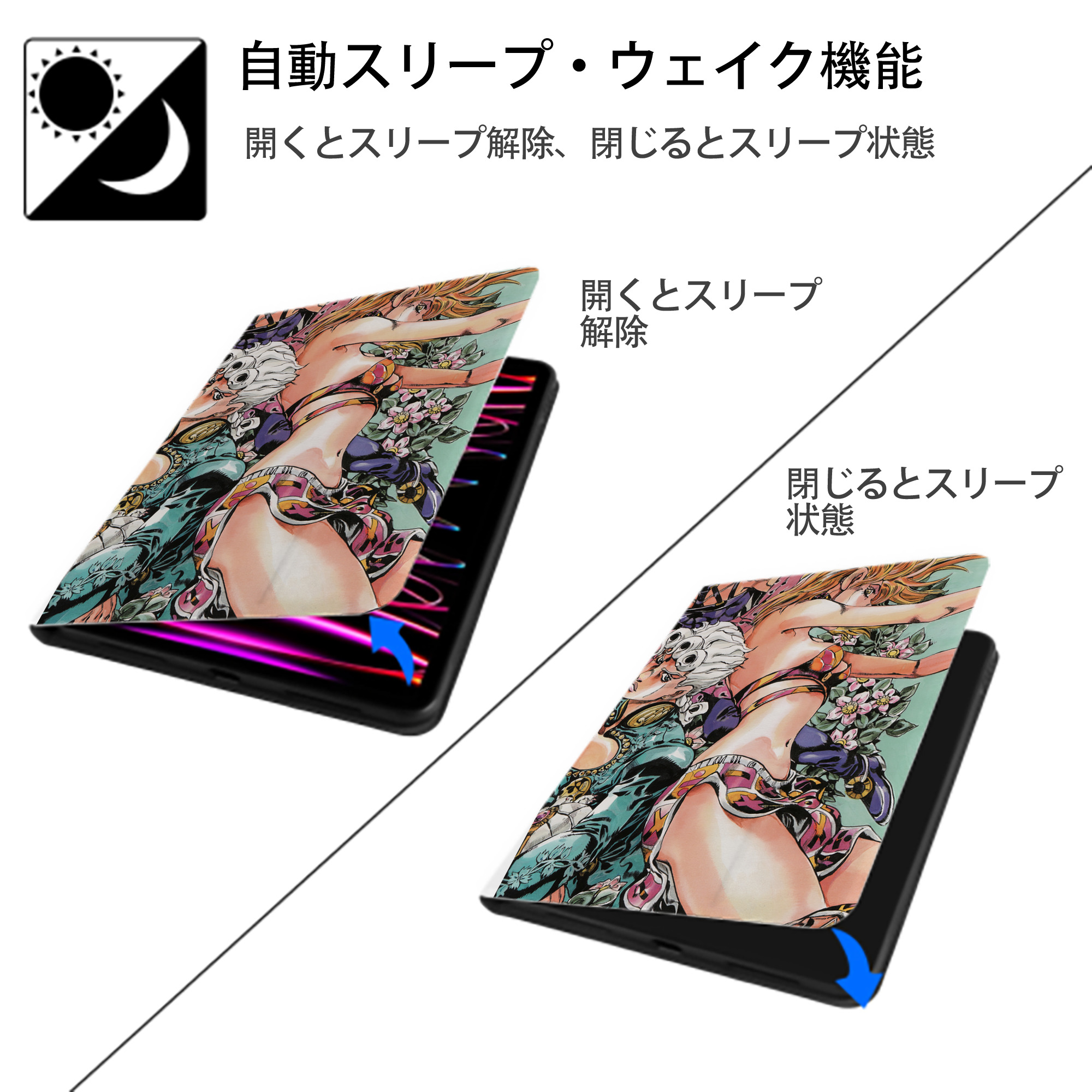 ジョジョの奇妙な冒険 JoJo's Bizarre Adventure IPad ケース ペン収納付き 三つ折りスタンド PUレザー×シリコン 対応機種9.5/10.5/10.9インチ