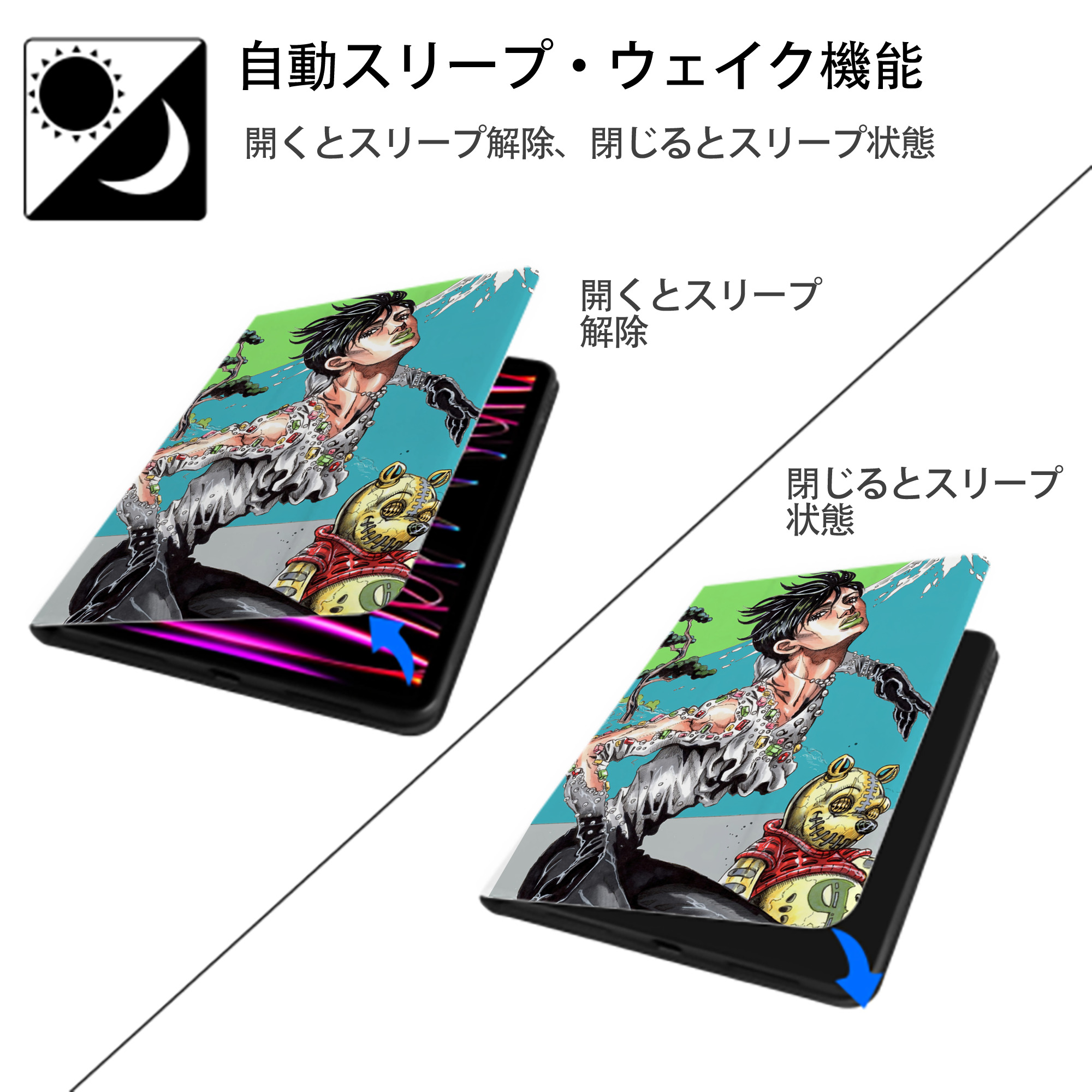 ジョジョの奇妙な冒険 JoJo's Bizarre Adventure IPad ケース ペン収納付き 三つ折りスタンド PUレザー×シリコン 対応機種9.5/10.5/10.9インチ
