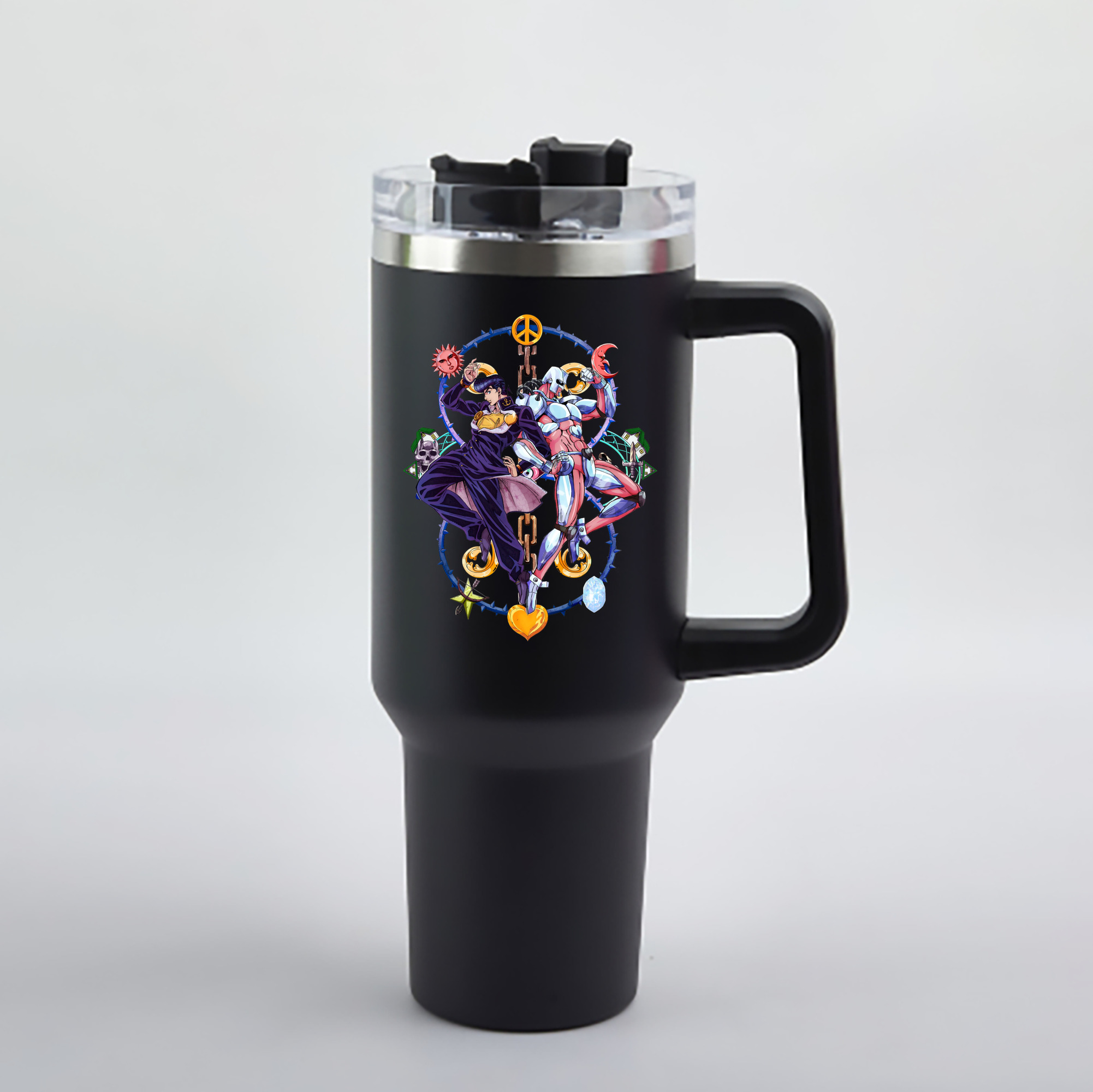 （画像用） ジョジョの奇妙な冒険 ひがしかた じょうすけ JoJo's Bizarre Adventure Higashikata Josuke 1200mL車用タンブラー - クリスタルステッカー（プラスチックストロー付き）