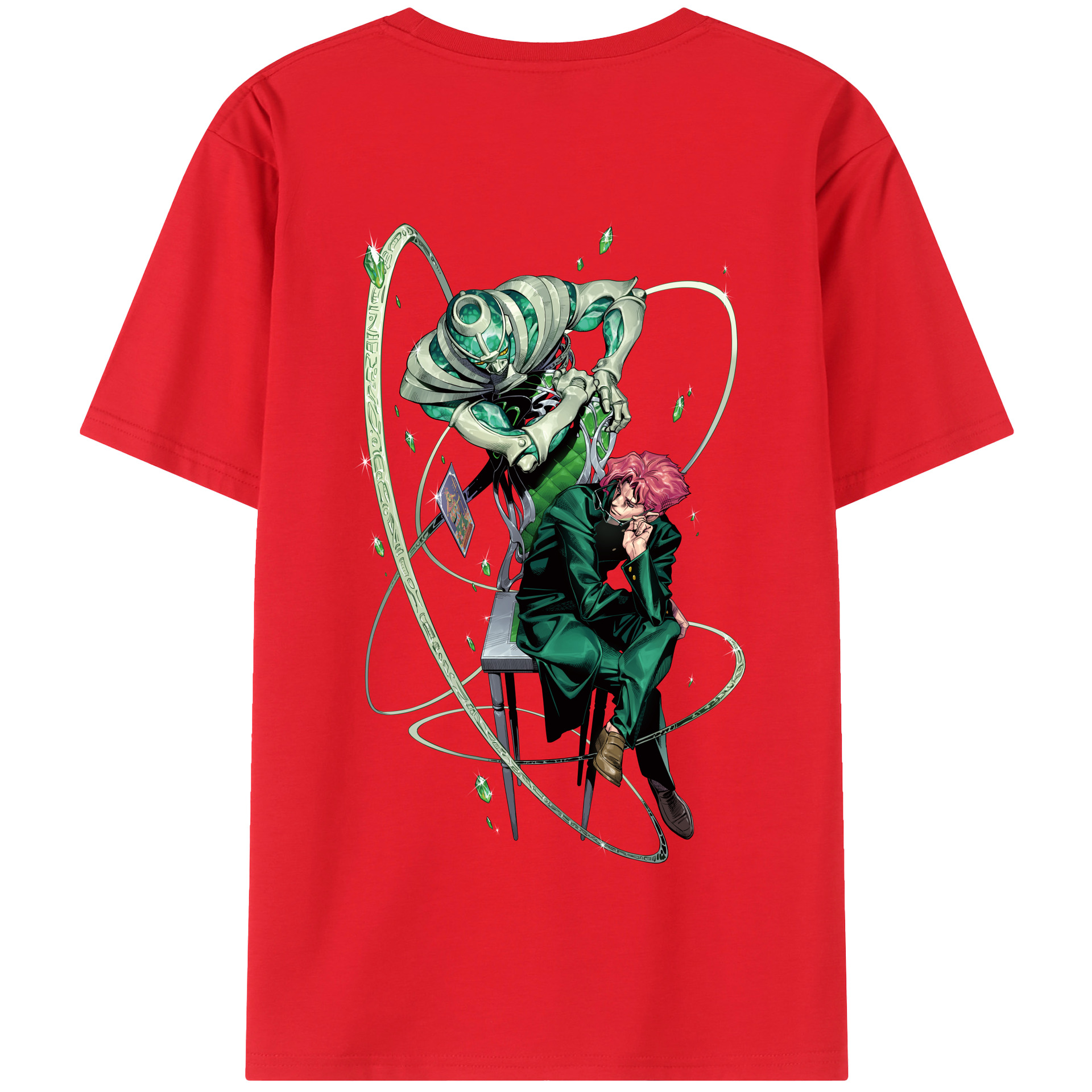 （画像用） ジョジョの奇妙な冒険 花京院 典明（かきょういん のりあき） JoJo's Bizarre Adventure Kakyoin Noriaki 綿100％半袖Tシャツ（背面プリント）
