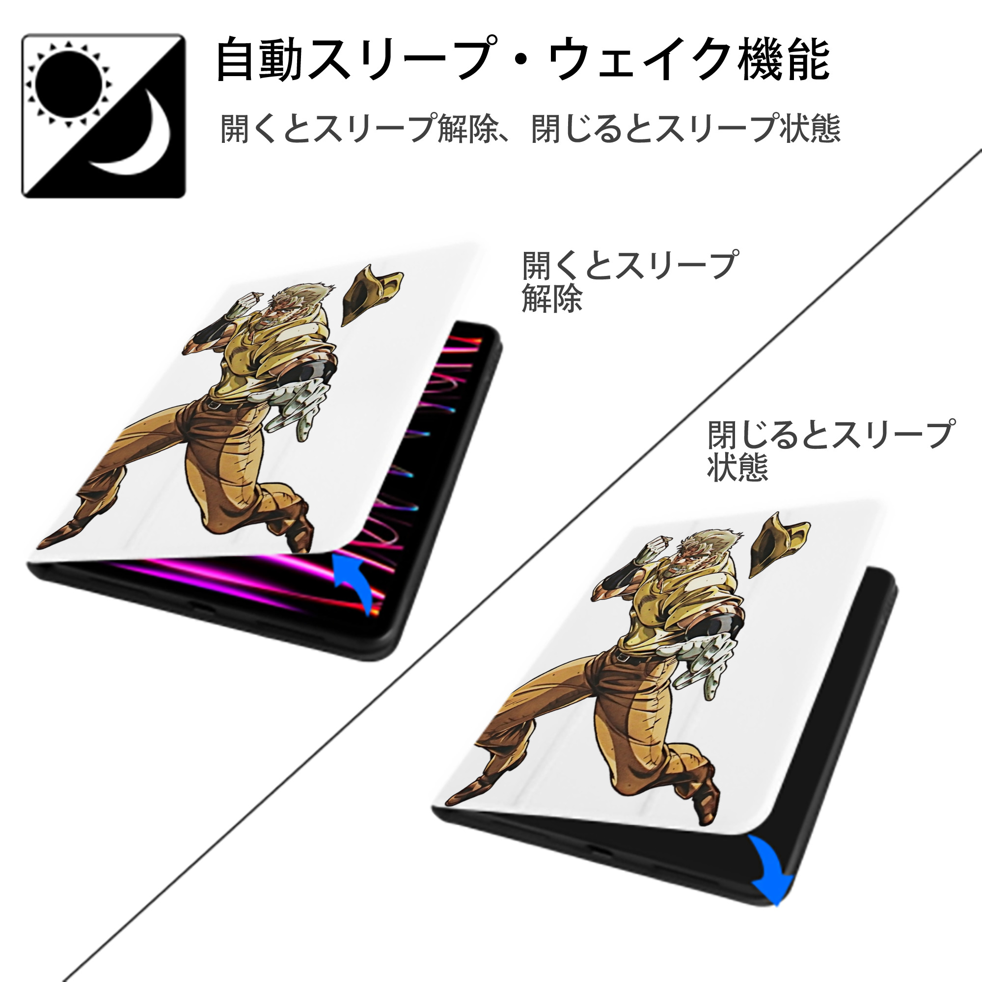 ジョジョの奇妙な冒険 ジョセフ?ジョースター JoJo's Bizarre Adventure Joseph Joestar IPad ケース ペン収納付き 三つ折りスタンド PUレザー×シリコン 対応機種9.5/10.5/10.9インチ