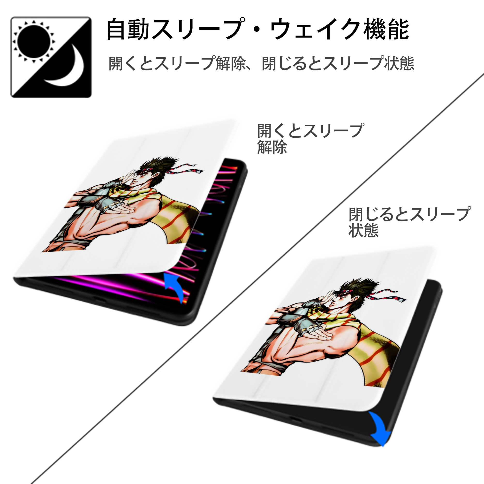 ジョジョの奇妙な冒険 ジョセフ?ジョースター JoJo's Bizarre Adventure Joseph Joestar IPad ケース ペン収納付き 三つ折りスタンド PUレザー×シリコン 対応機種9.5/10.5/10.9インチ