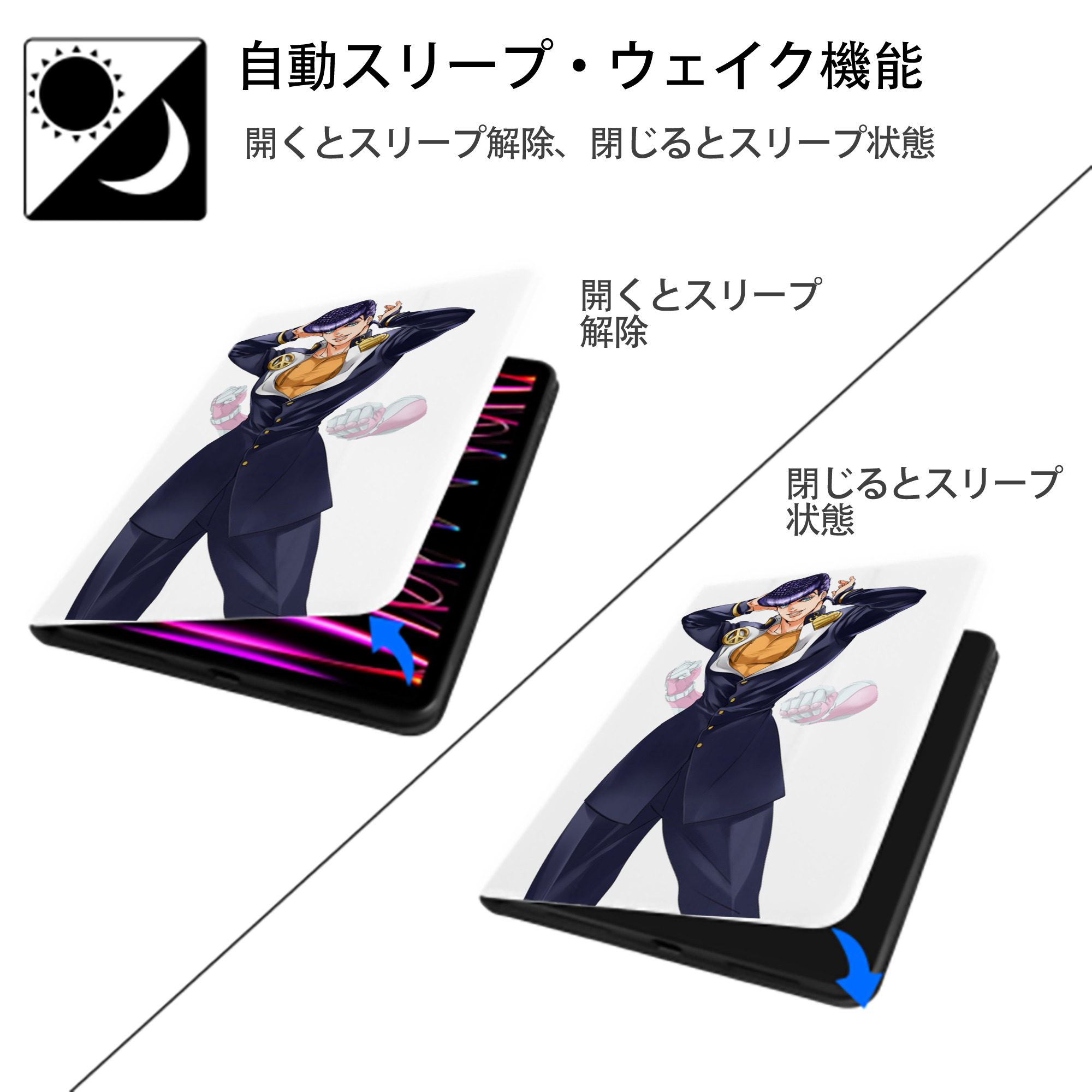 ジョジョの奇妙な冒険 ひがしかた じょうすけ JoJo's Bizarre Adventure Higashikata Josuke IPad ケース ペン収納付き 三つ折りスタンド PUレザー×シリコン 対応機種9.5/10.5/10.9インチ