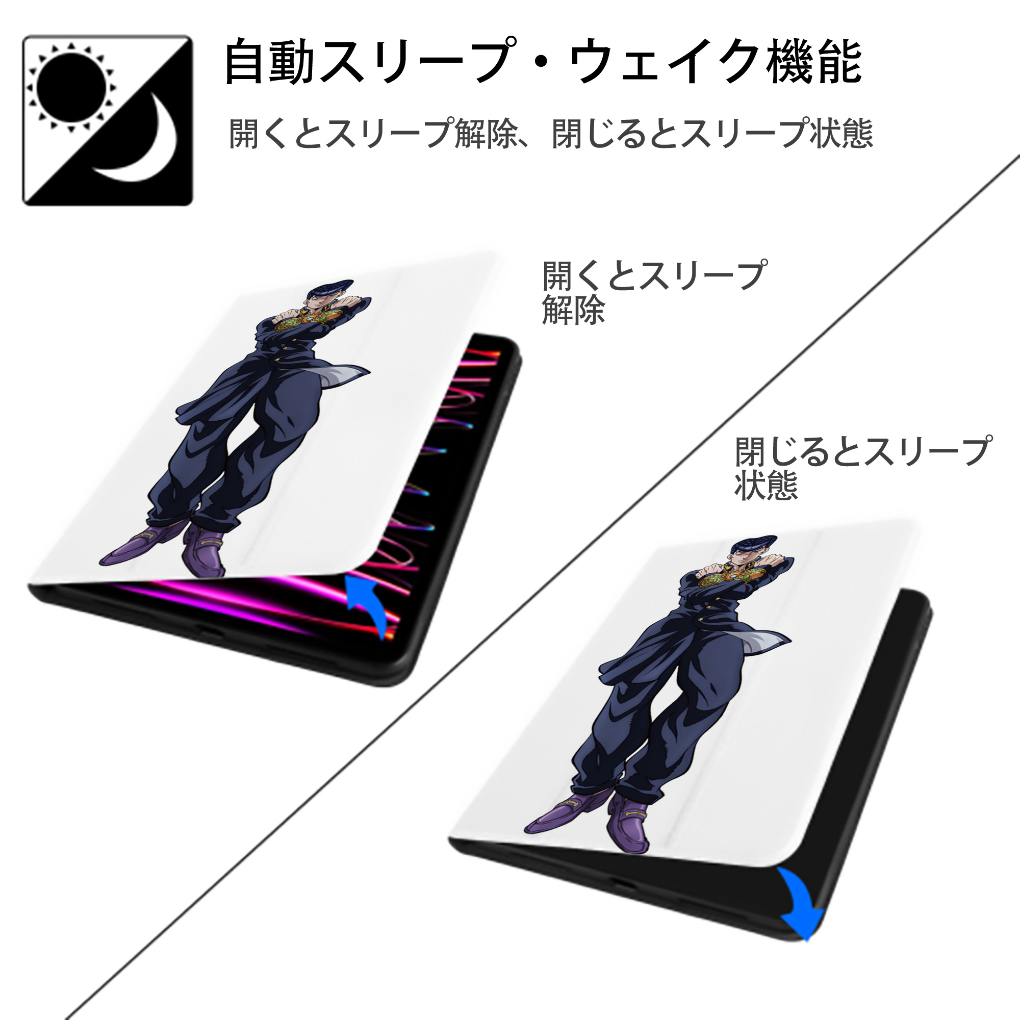 ジョジョの奇妙な冒険 ひがしかた じょうすけ JoJo's Bizarre Adventure Higashikata Josuke IPad ケース ペン収納付き 三つ折りスタンド PUレザー×シリコン 対応機種9.5/10.5/10.9インチ