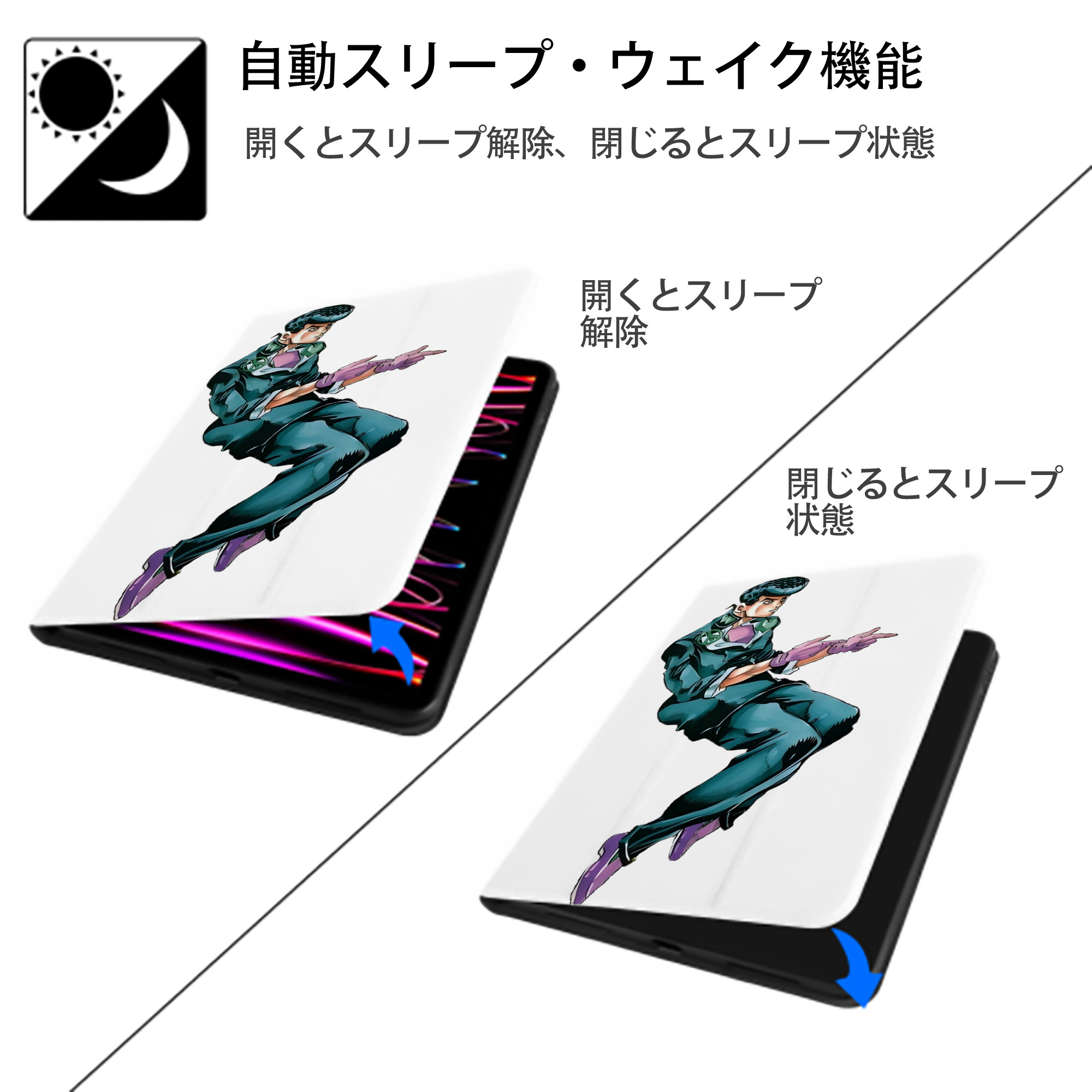 ジョジョの奇妙な冒険 ひがしかた じょうすけ JoJo's Bizarre Adventure Higashikata Josuke IPad ケース ペン収納付き 三つ折りスタンド PUレザー×シリコン 対応機種9.5/10.5/10.9インチ